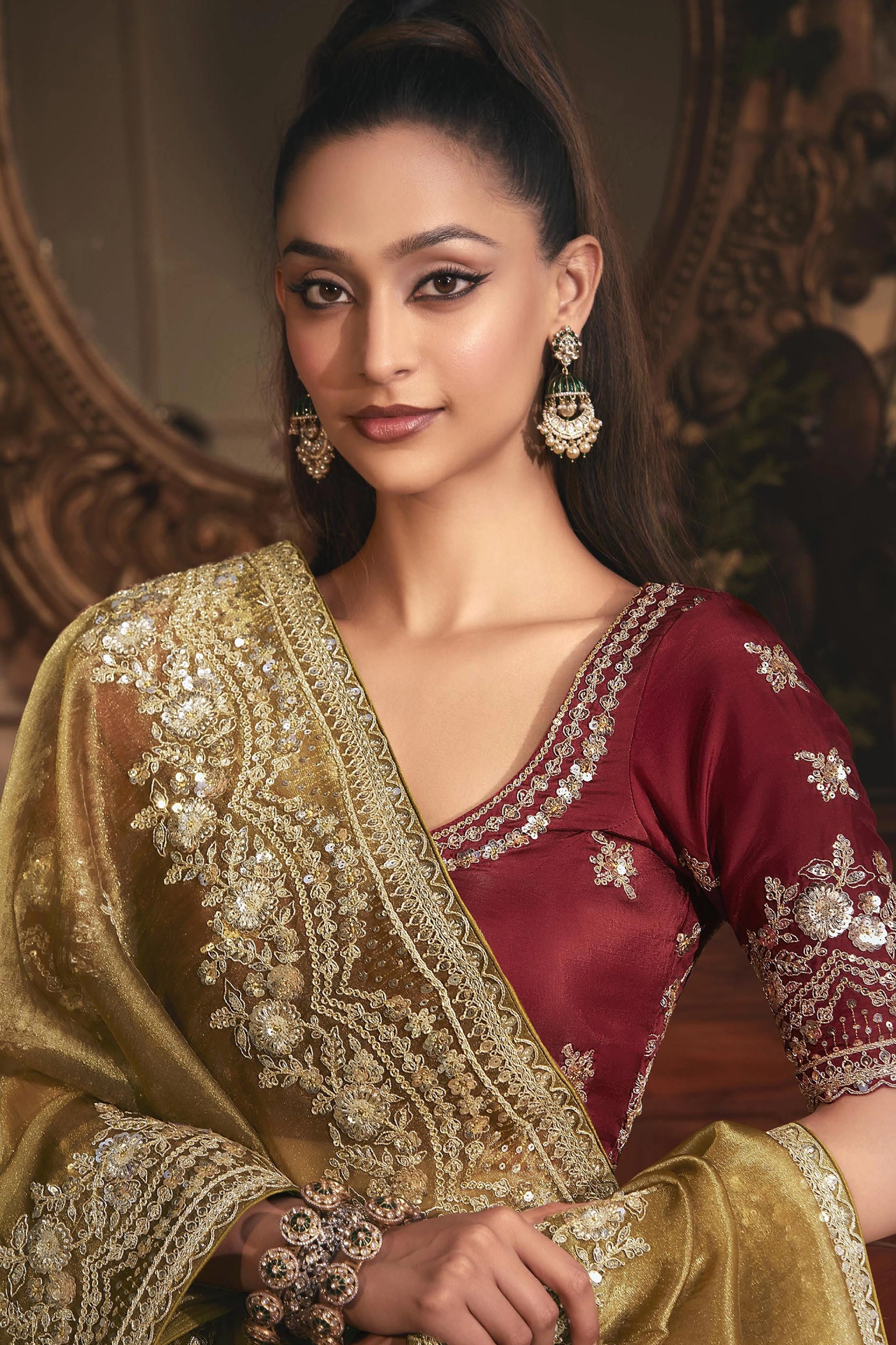 Olive Green Embroidered Tissue Organza Saree-SAR10238_3_SareeButa.com