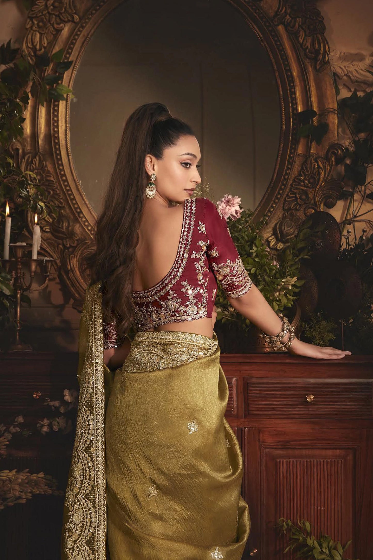 Olive Green Embroidered Tissue Organza Saree-SAR10238_4_SareeButa.com