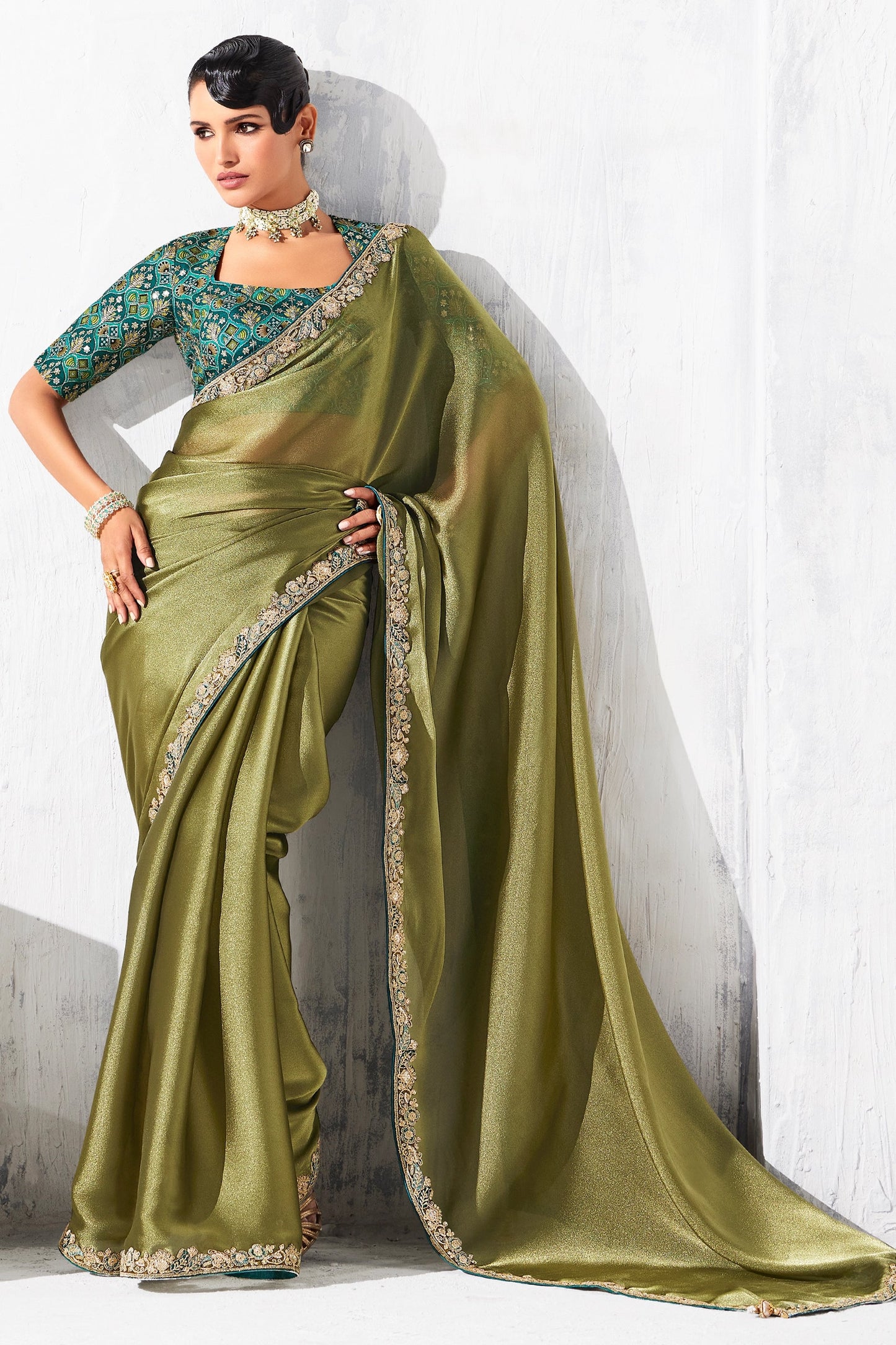 Olive Green Embroidered Tissue Organza Saree-SAR10561_1_SareeButa.com