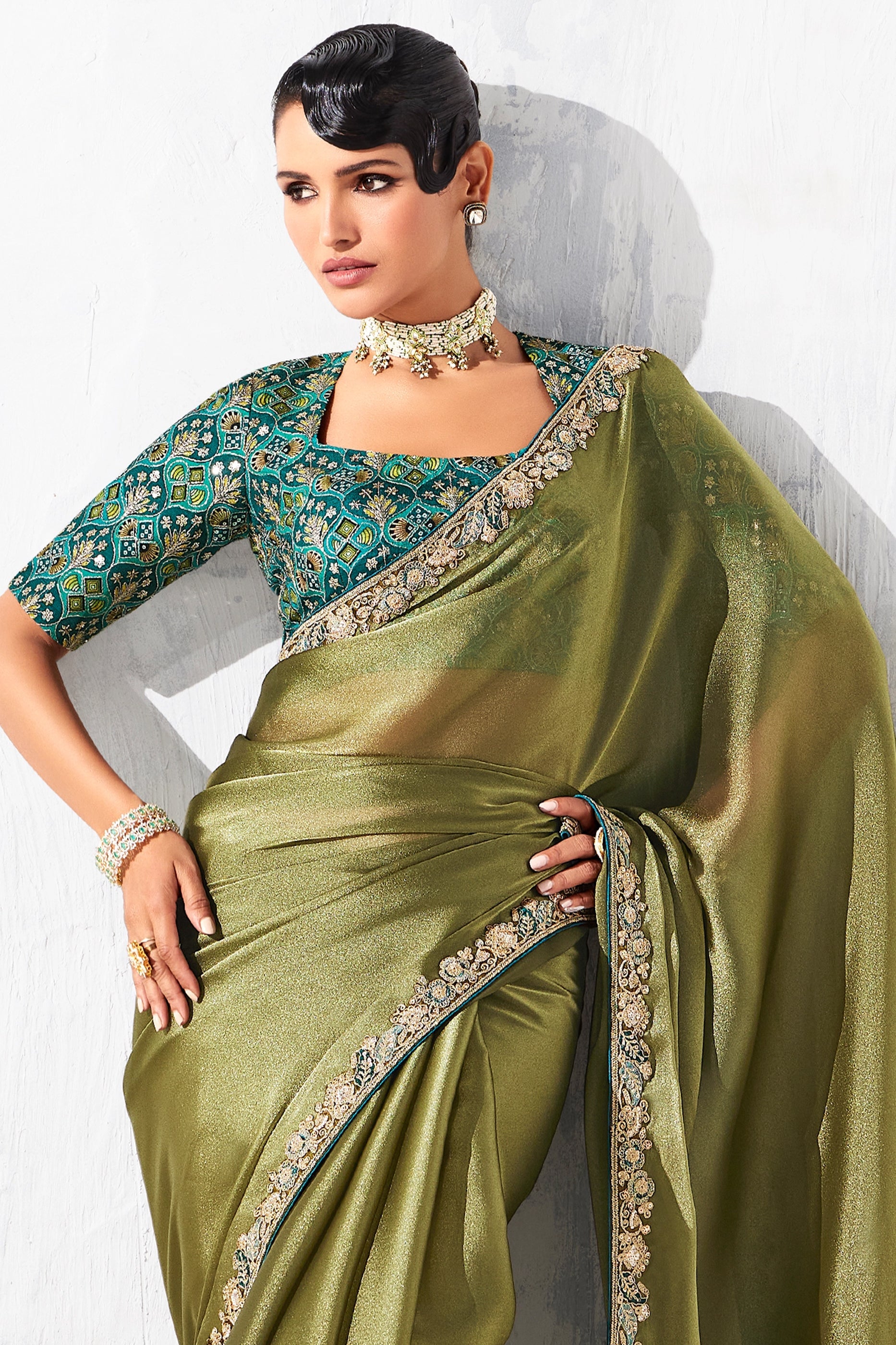 Olive Green Embroidered Tissue Organza Saree-SAR10561_2_SareeButa.com