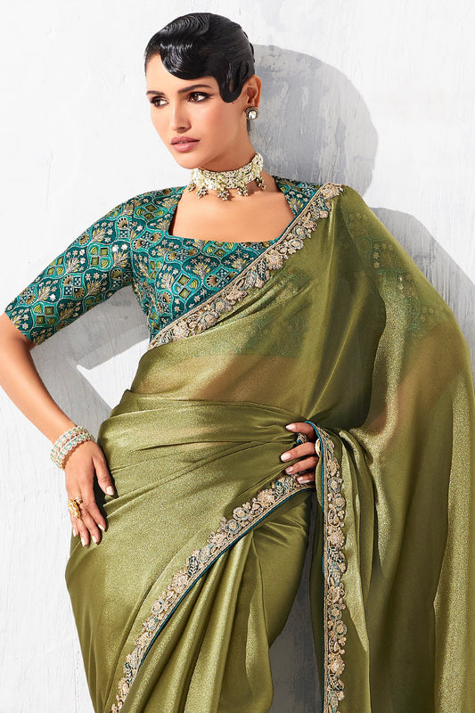 Olive Green Embroidered Tissue Organza Saree-SAR10561_2_SareeButa.com