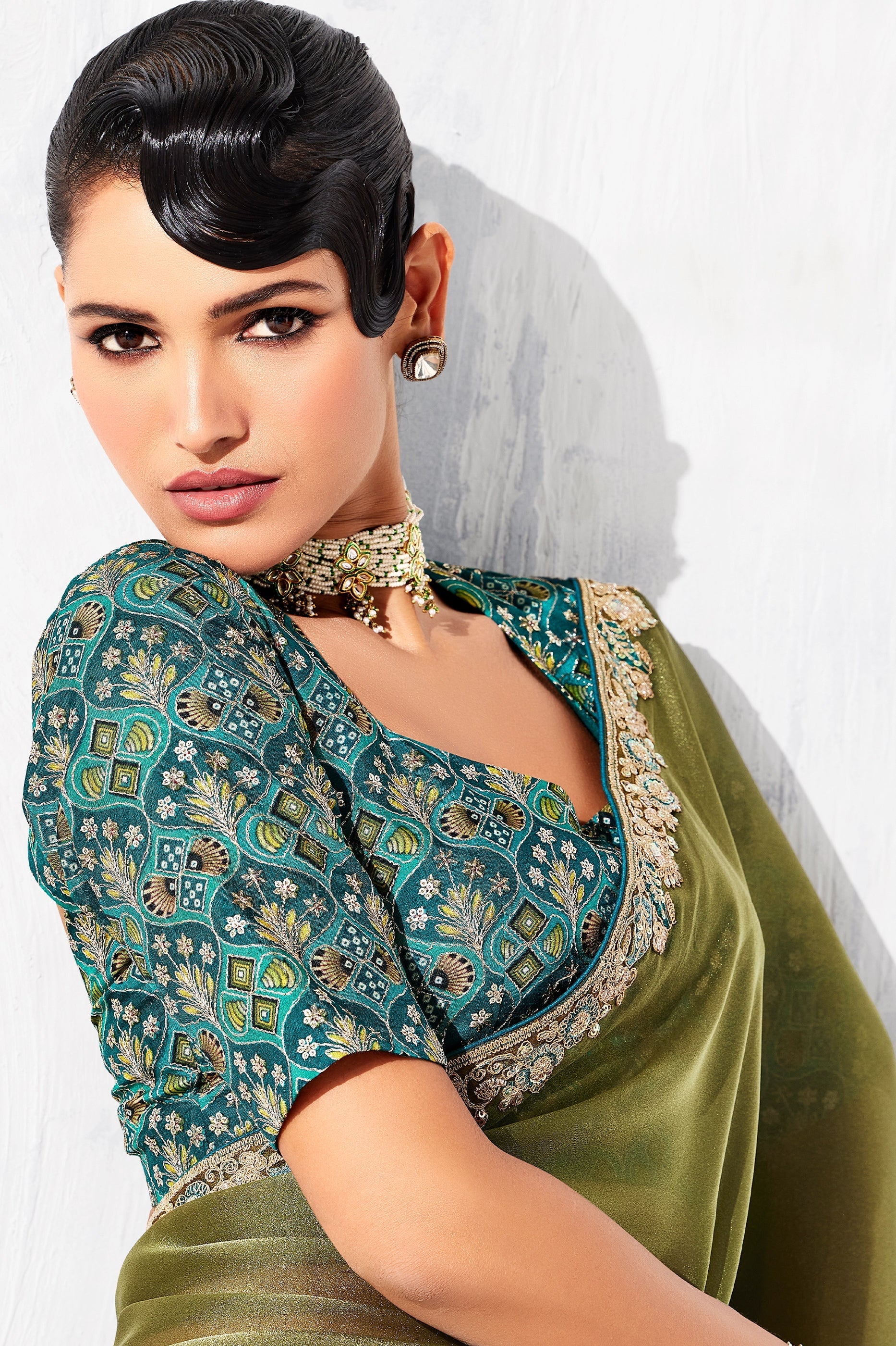 Olive Green Embroidered Tissue Organza Saree-SAR10561_3_SareeButa.com