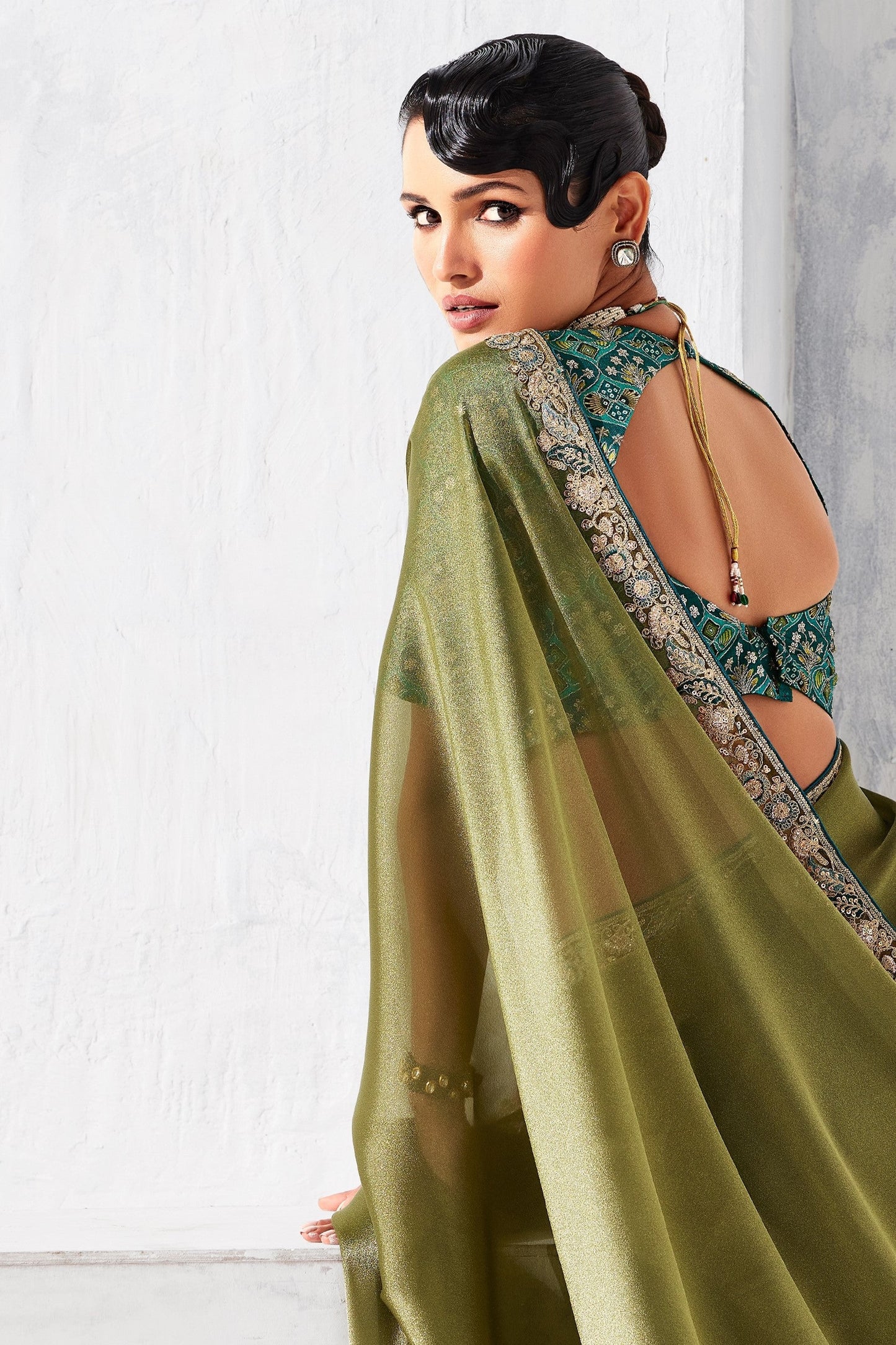 Olive Green Embroidered Tissue Organza Saree-SAR10561_4_SareeButa.com