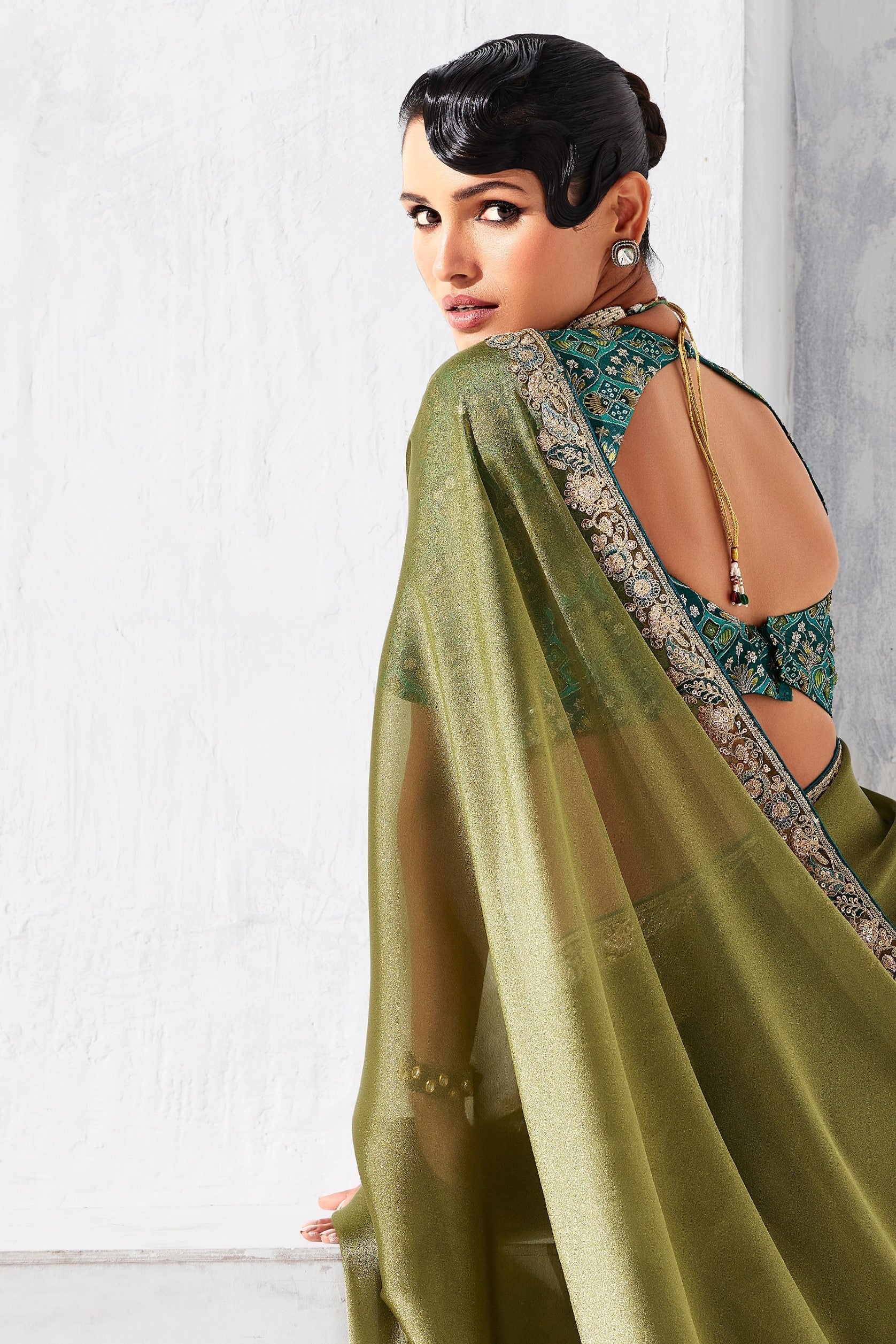 Olive Green Embroidered Tissue Organza Saree-SAR10561_4_SareeButa.com