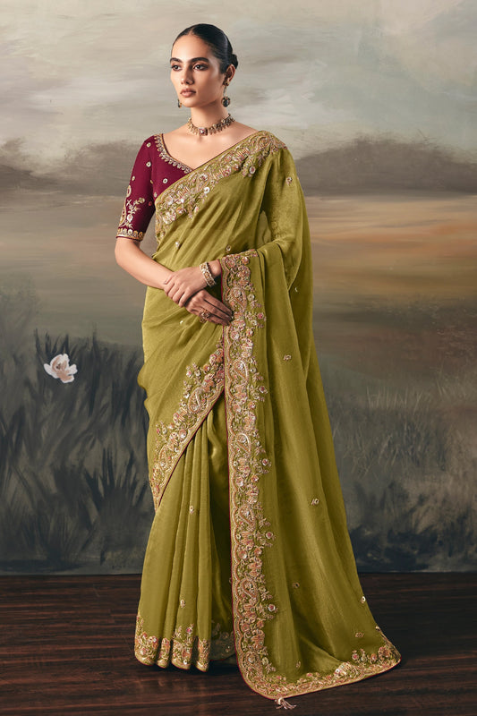 Olive Green Embroidered Tissue Saree-SAR10827_1_SareeButa.com