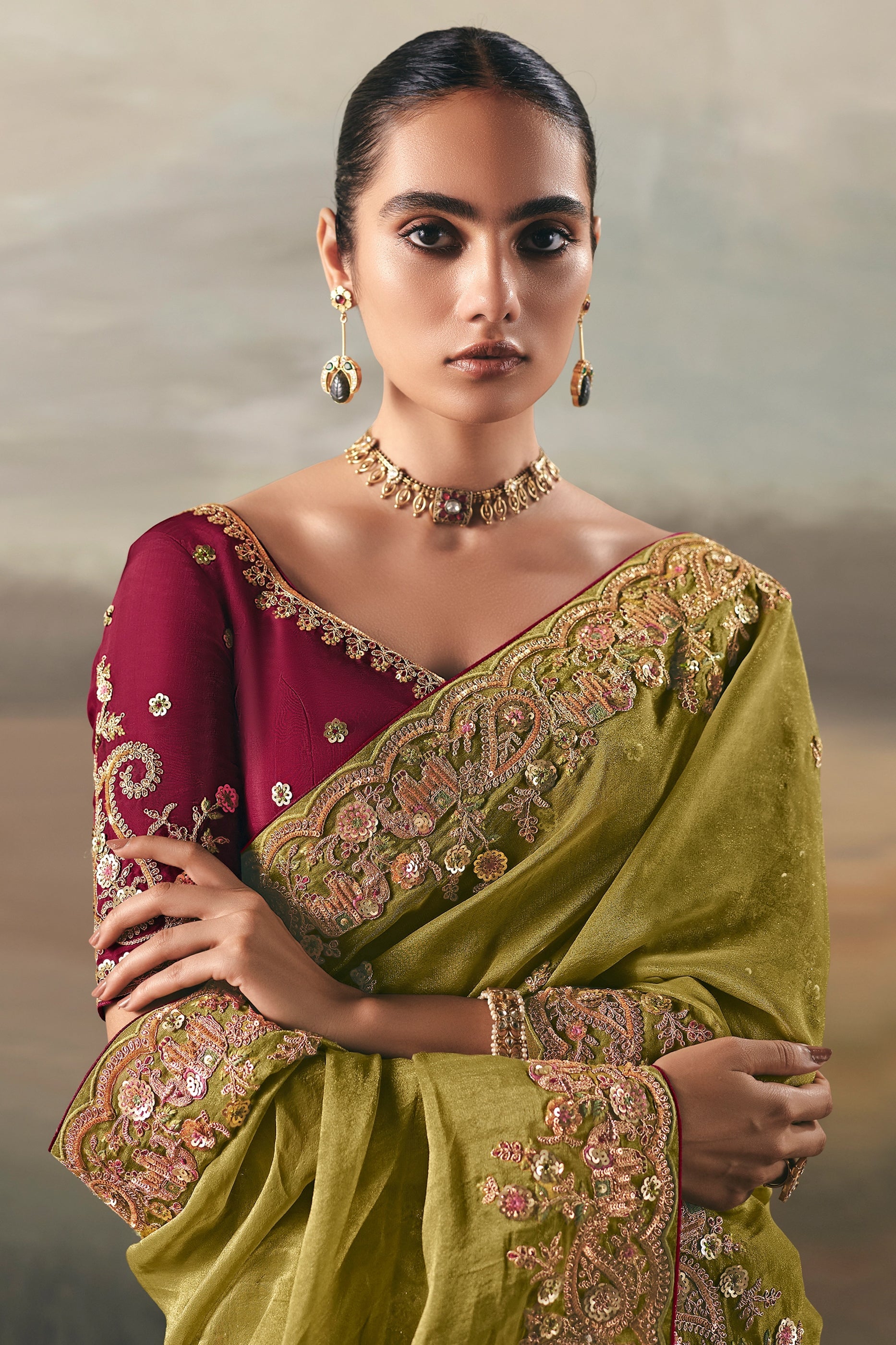 Olive Green Embroidered Tissue Saree-SAR10827_2_SareeButa.com