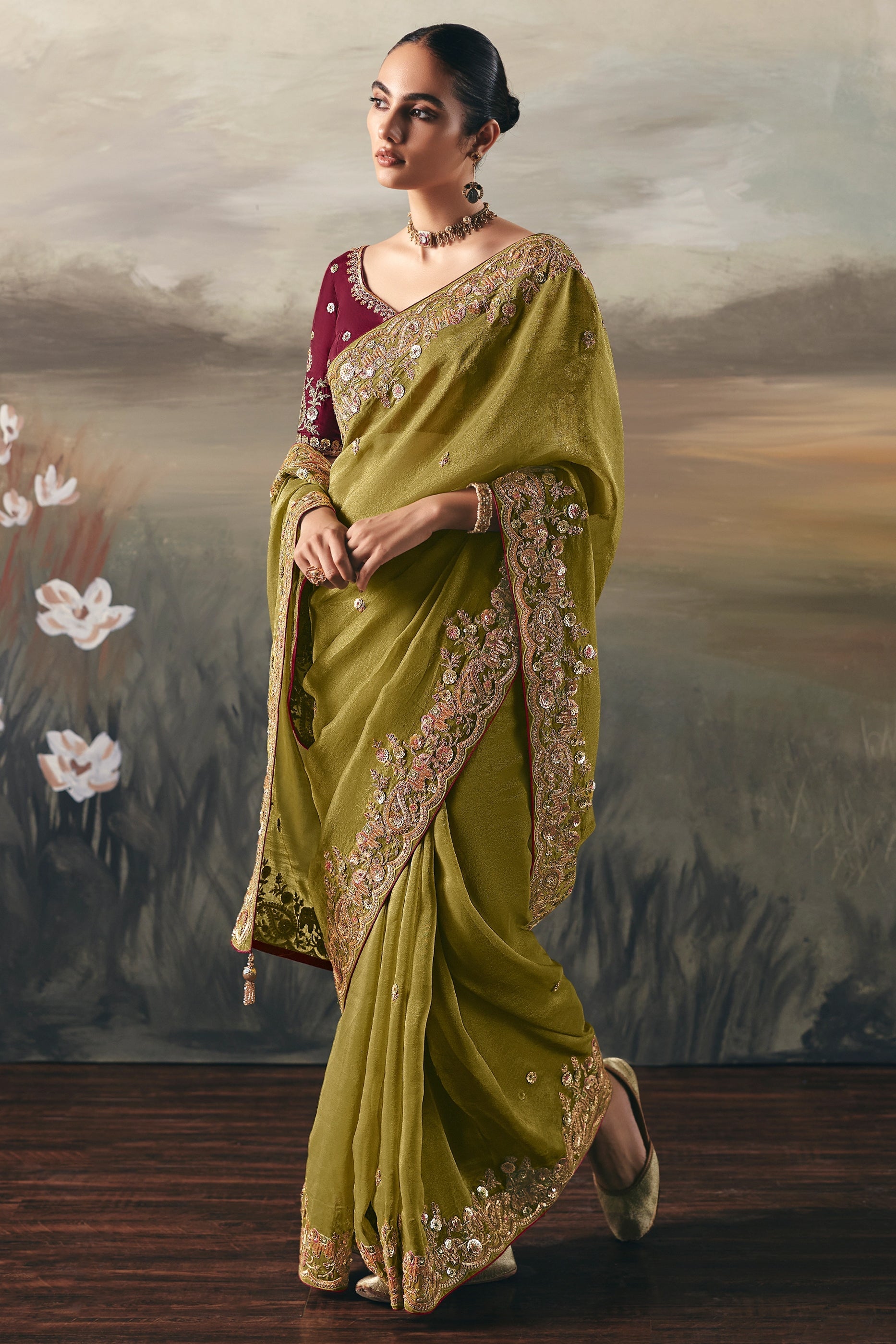 Olive Green Embroidered Tissue Saree-SAR10827_3_SareeButa.com