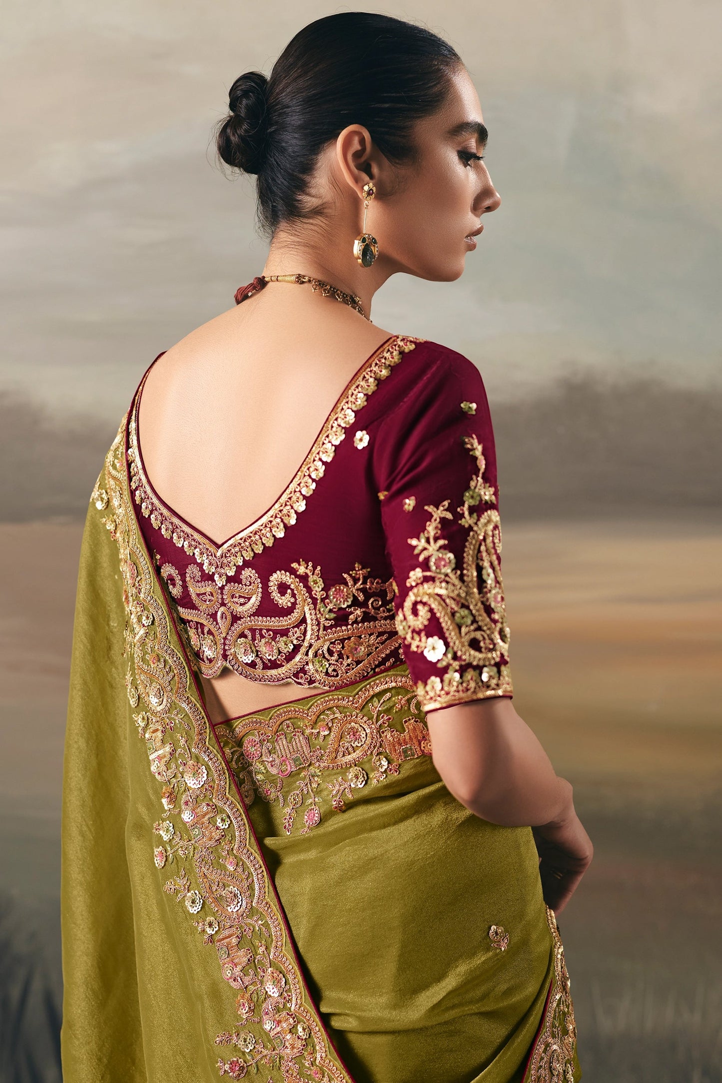 Olive Green Embroidered Tissue Saree-SAR10827_4_SareeButa.com