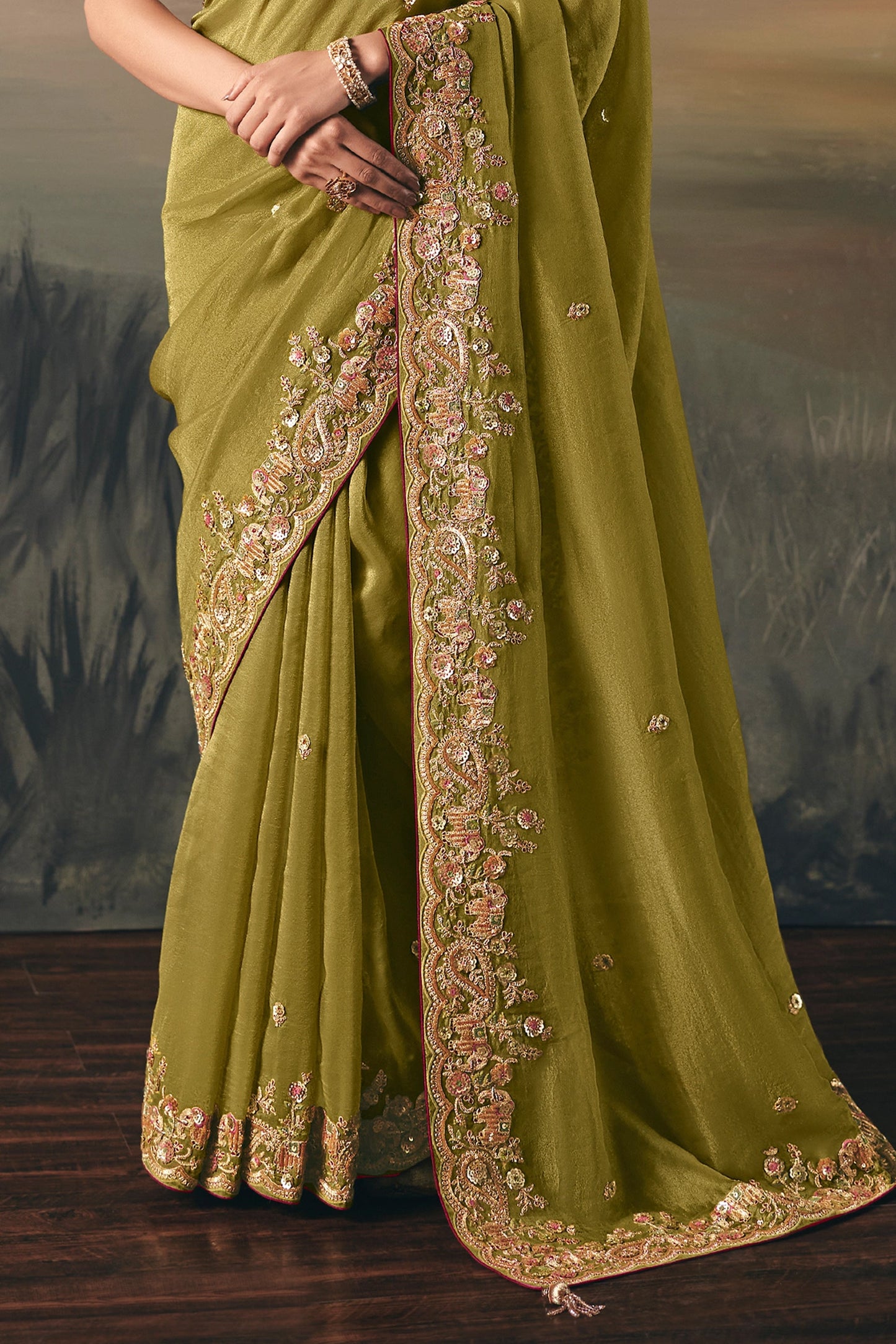Olive Green Embroidered Tissue Saree-SAR10827_5_SareeButa.com