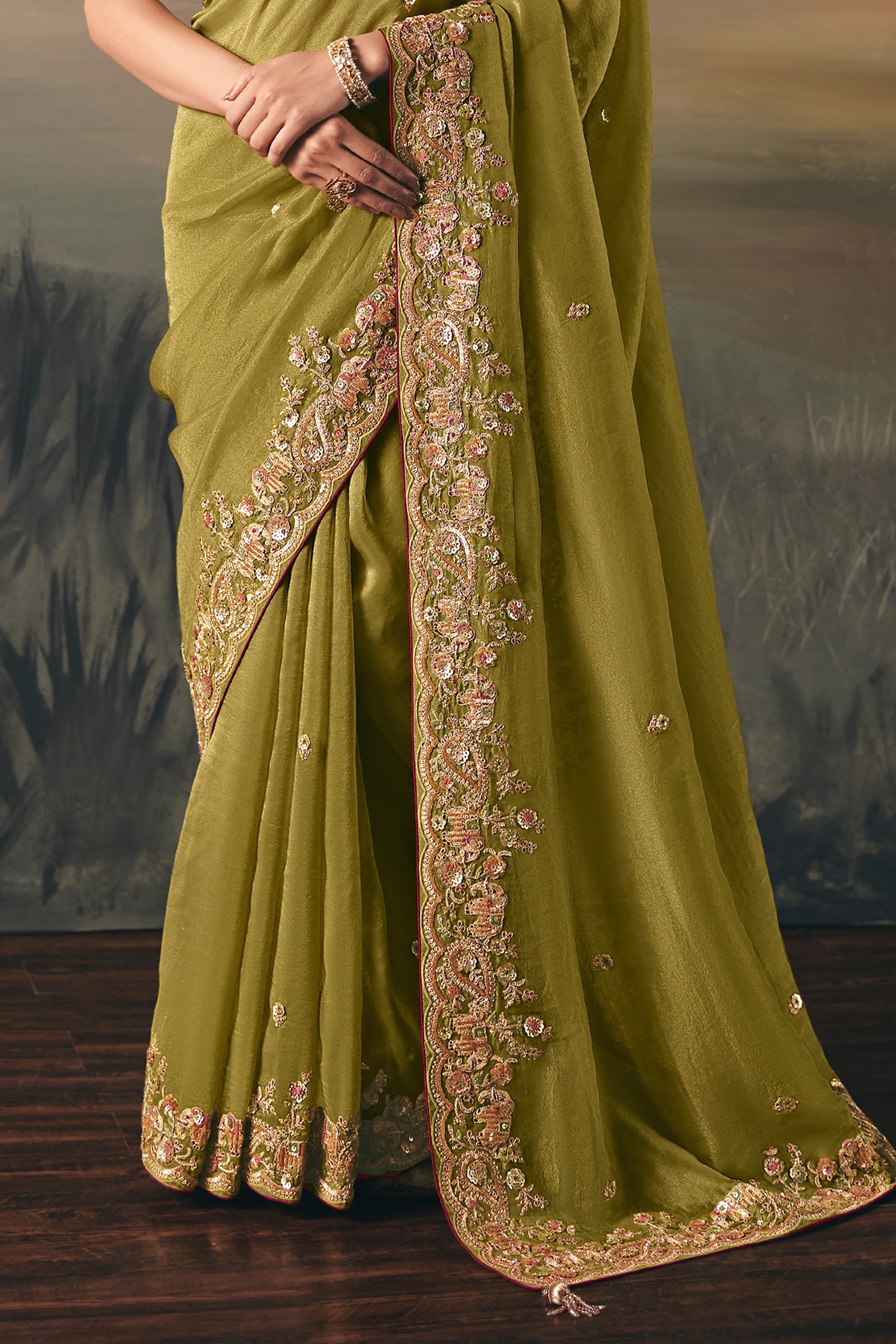 Olive Green Embroidered Tissue Saree-SAR10827_5_SareeButa.com