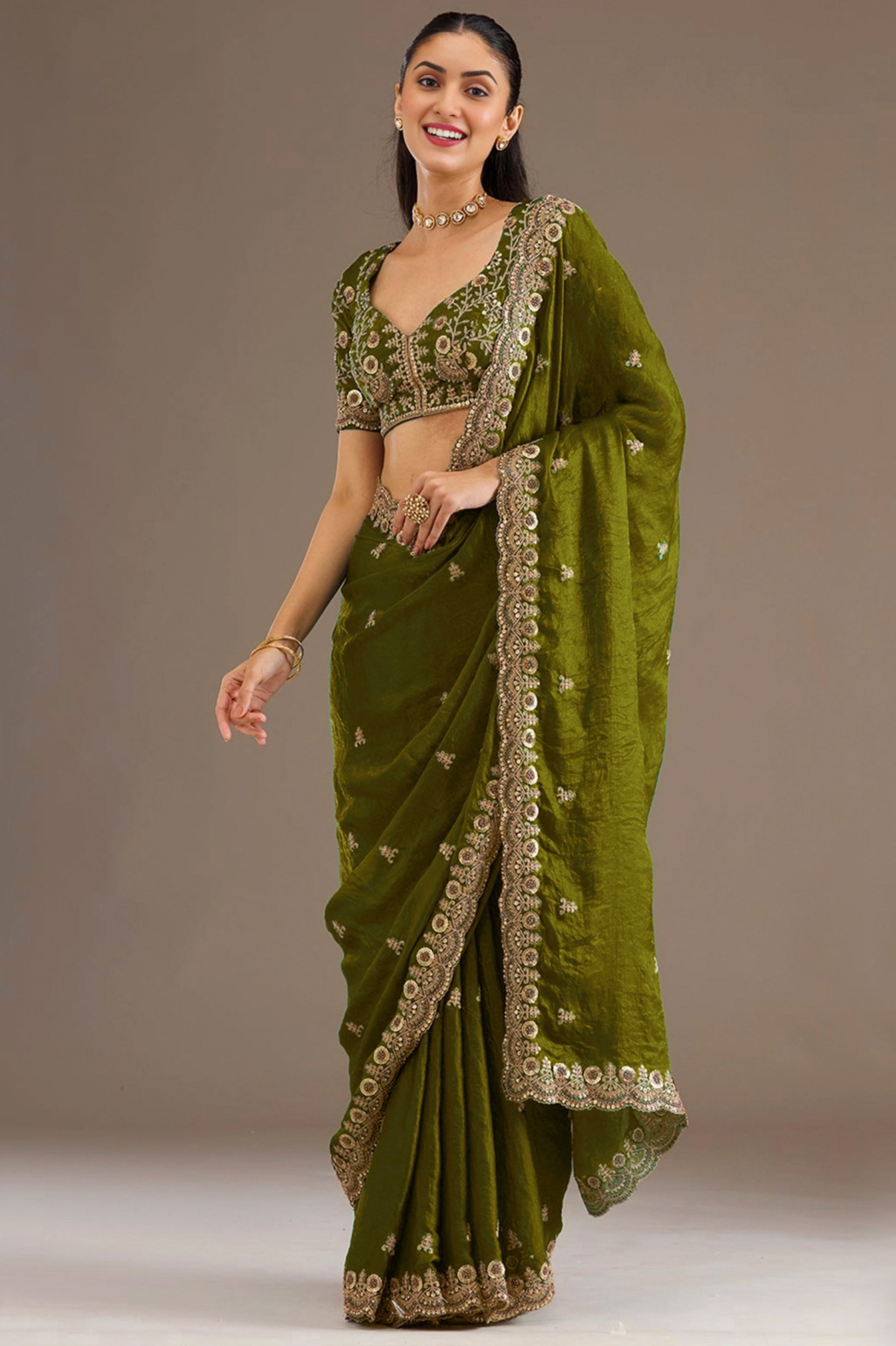 Olive Green Embroidered Tissue Saree-SAR12576_1_SareeButa.com