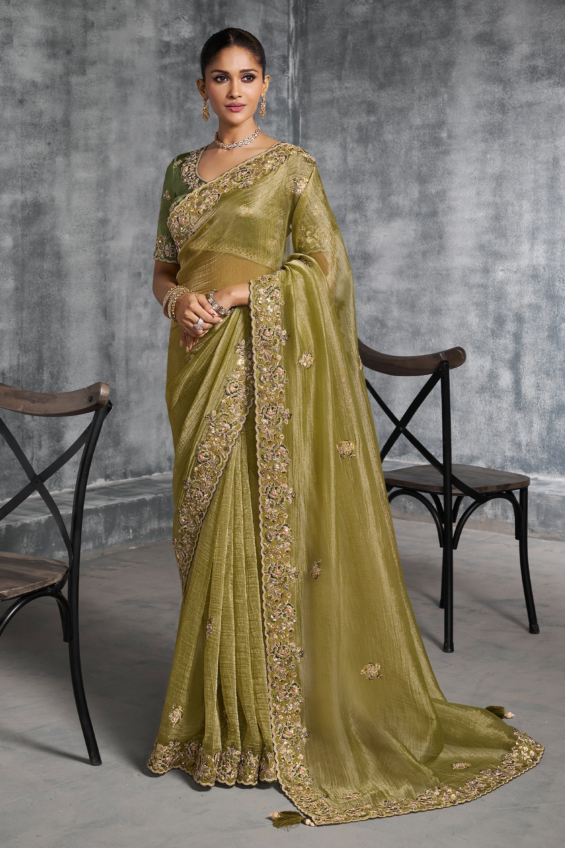 Olive Green Embroidered Tissue Silk Saree-SAR10455_1_SareeButa.com