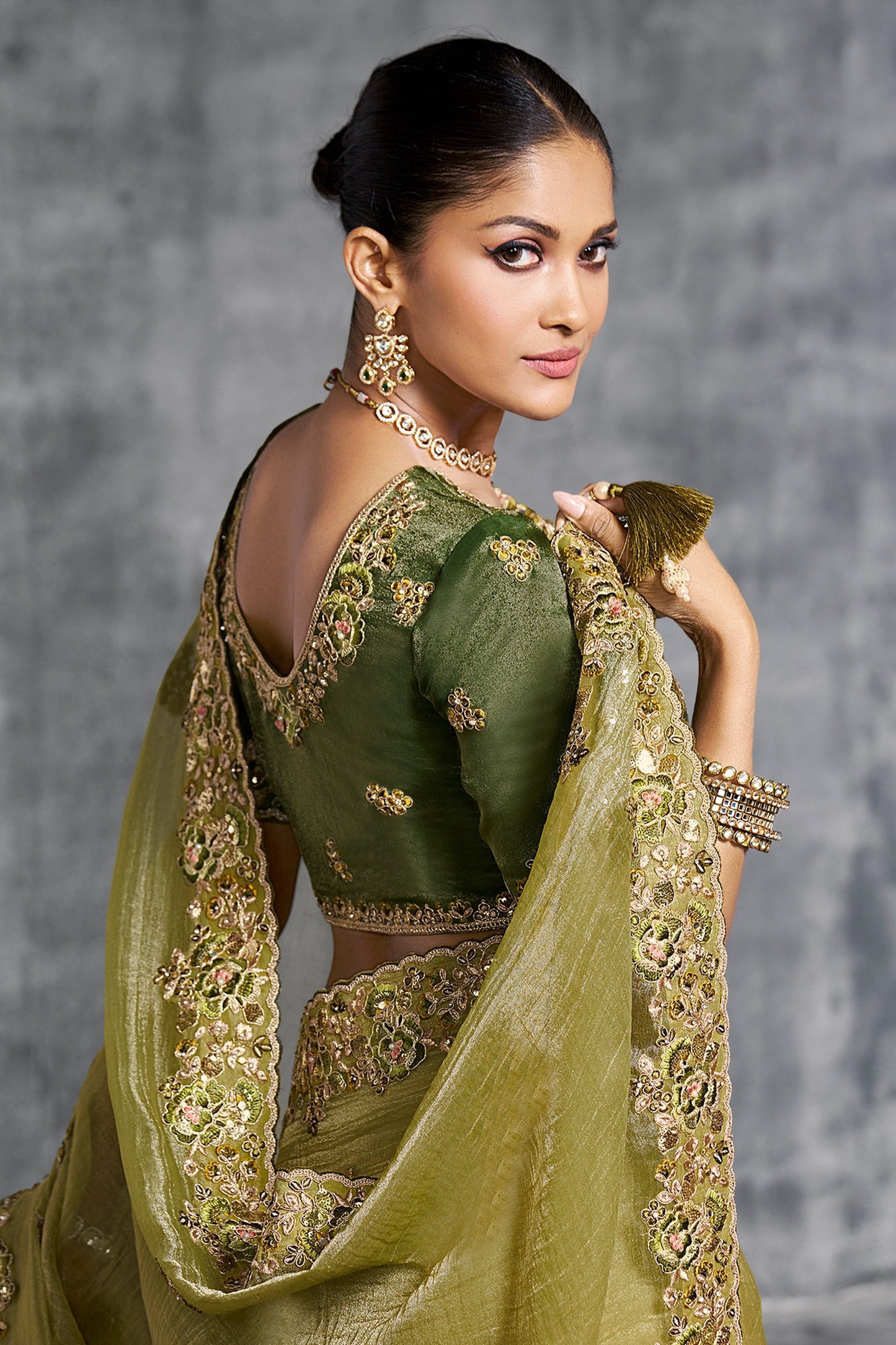 Olive Green Embroidered Tissue Silk Saree-SAR10455_2_SareeButa.com