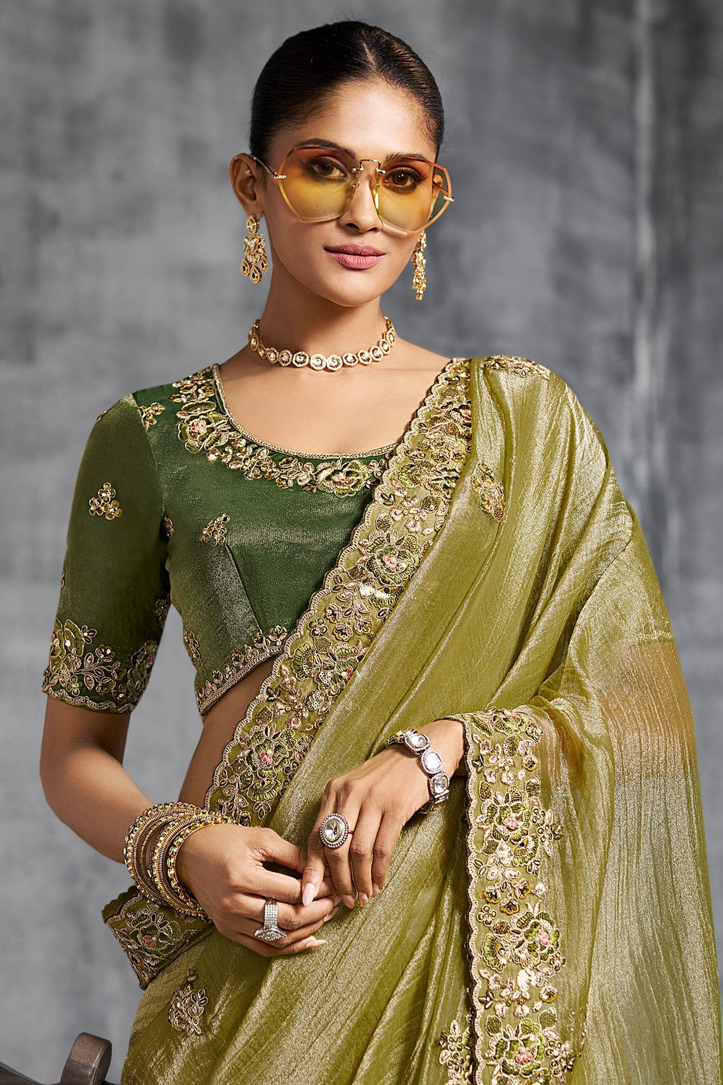 Olive Green Embroidered Tissue Silk Saree-SAR10455_3_SareeButa.com