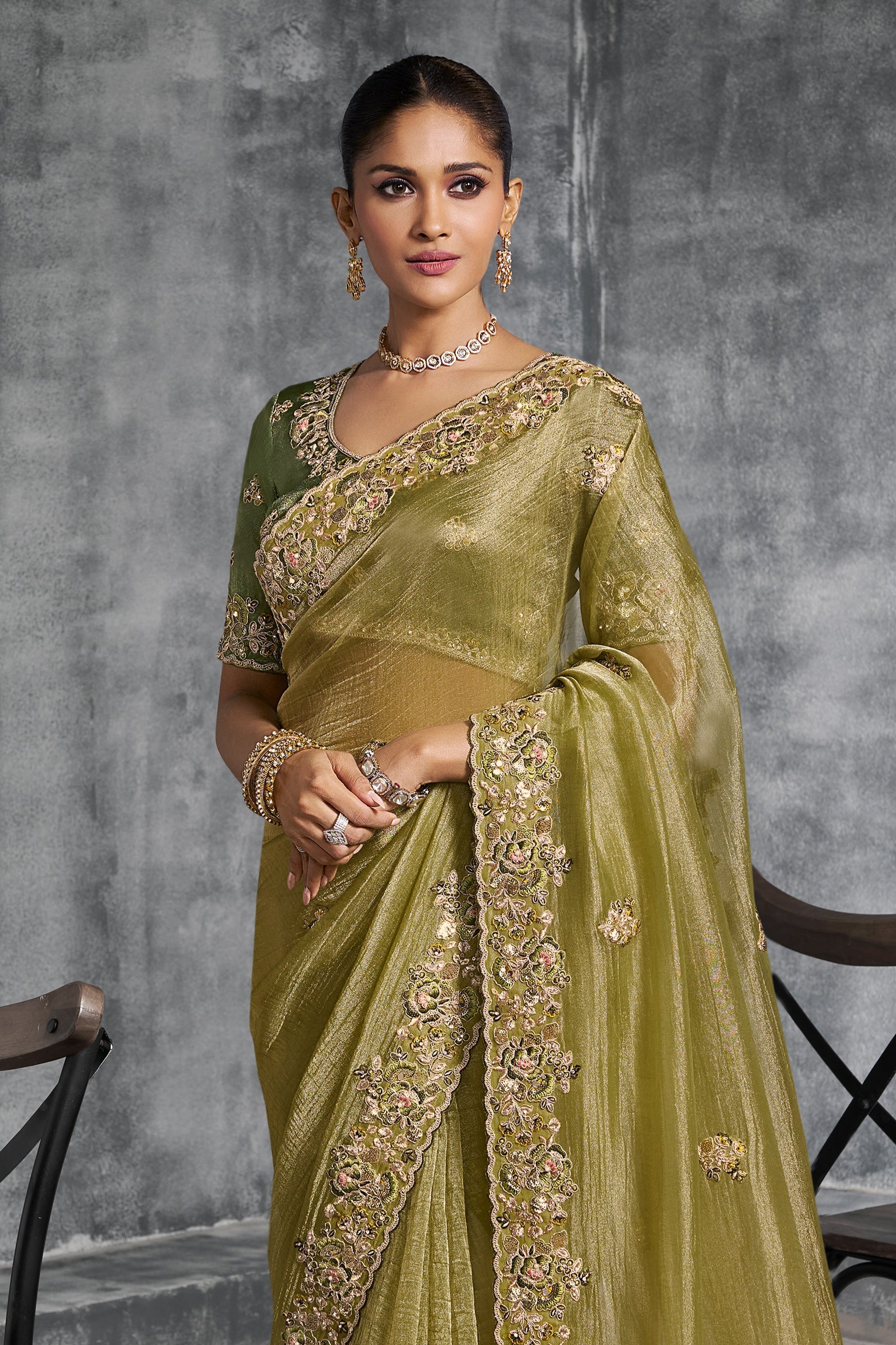 Olive Green Embroidered Tissue Silk Saree-SAR10455_4_SareeButa.com