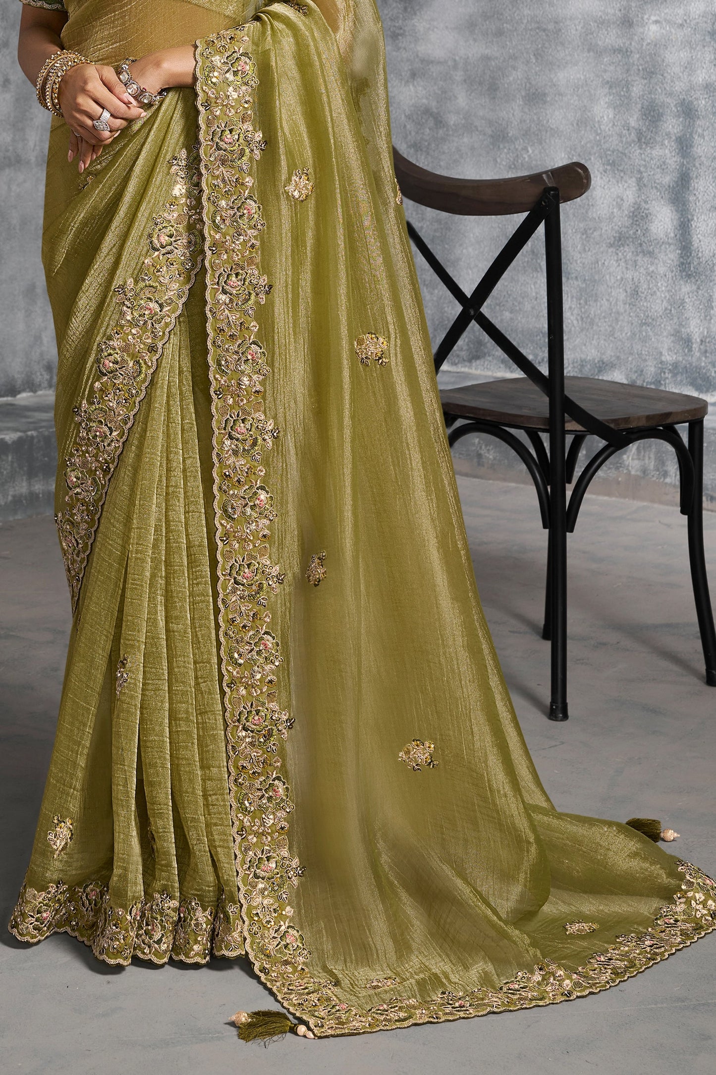 Olive Green Embroidered Tissue Silk Saree-SAR10455_5_SareeButa.com