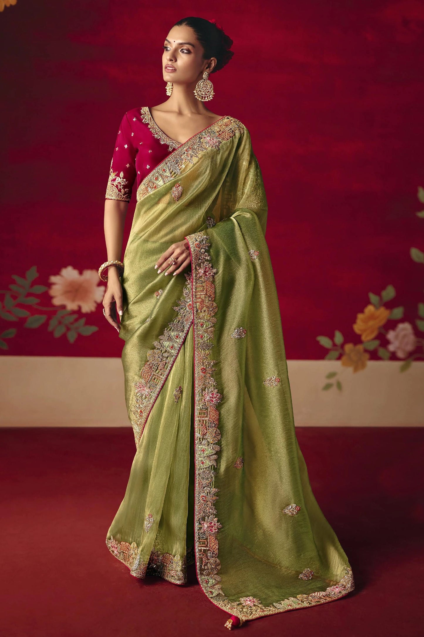 Olive Green Embroidered Tissue Silk Saree-SAR11452_1_SareeButa.com