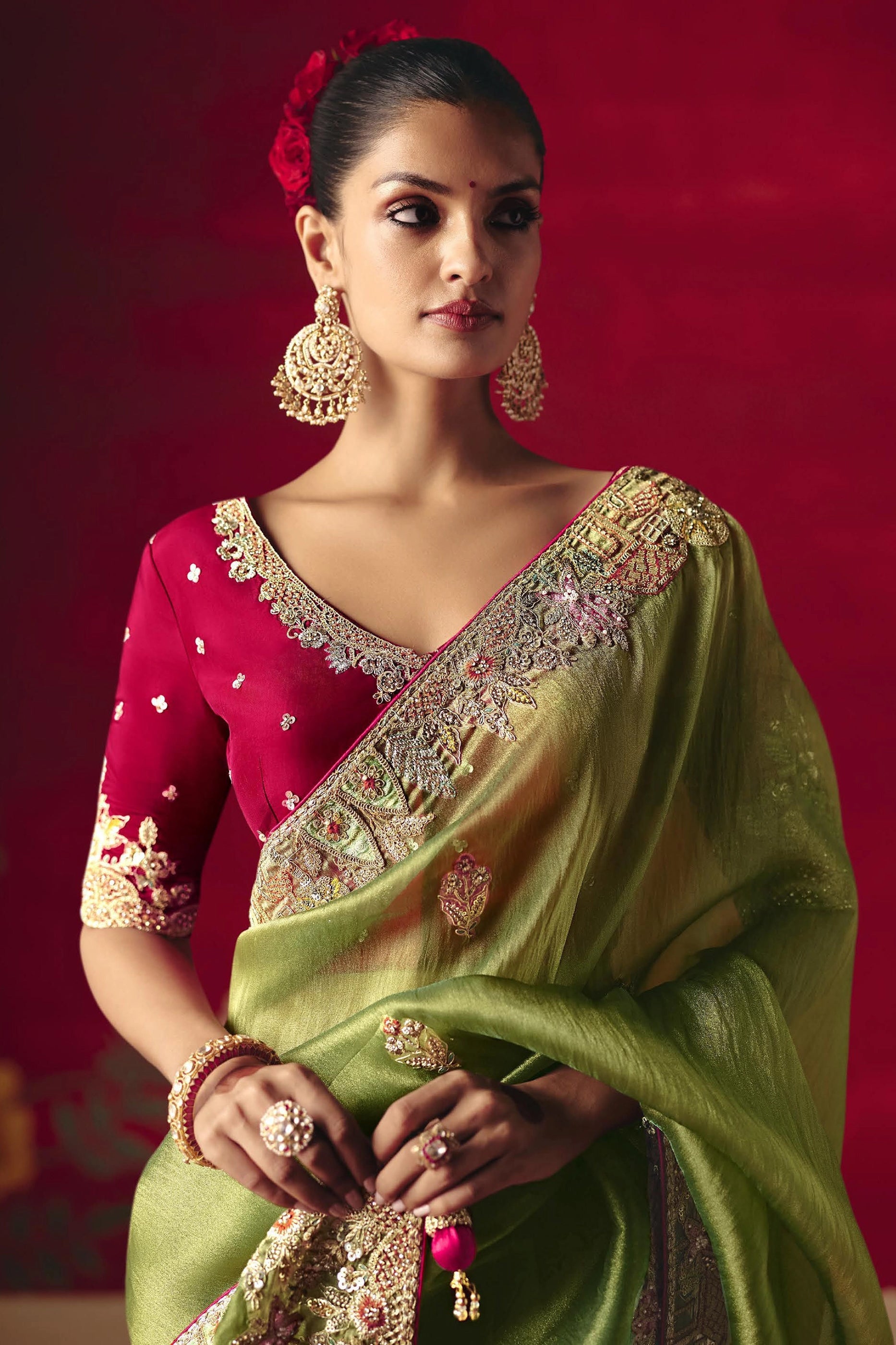 Olive Green Embroidered Tissue Silk Saree-SAR11452_4_SareeButa.com