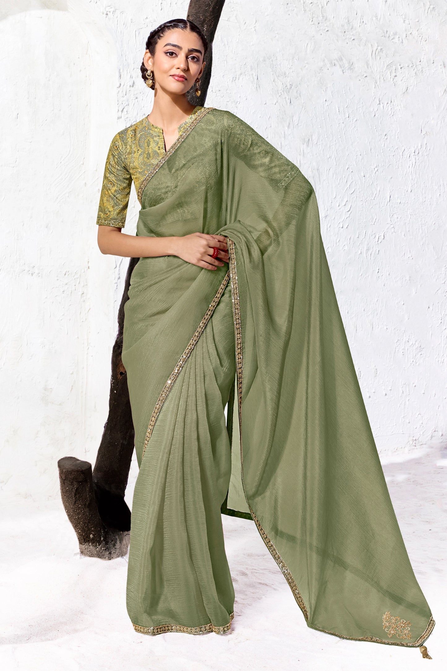 Olive Green Embroidered Tissue Silk Saree-SAR13150_1_SareeButa.com