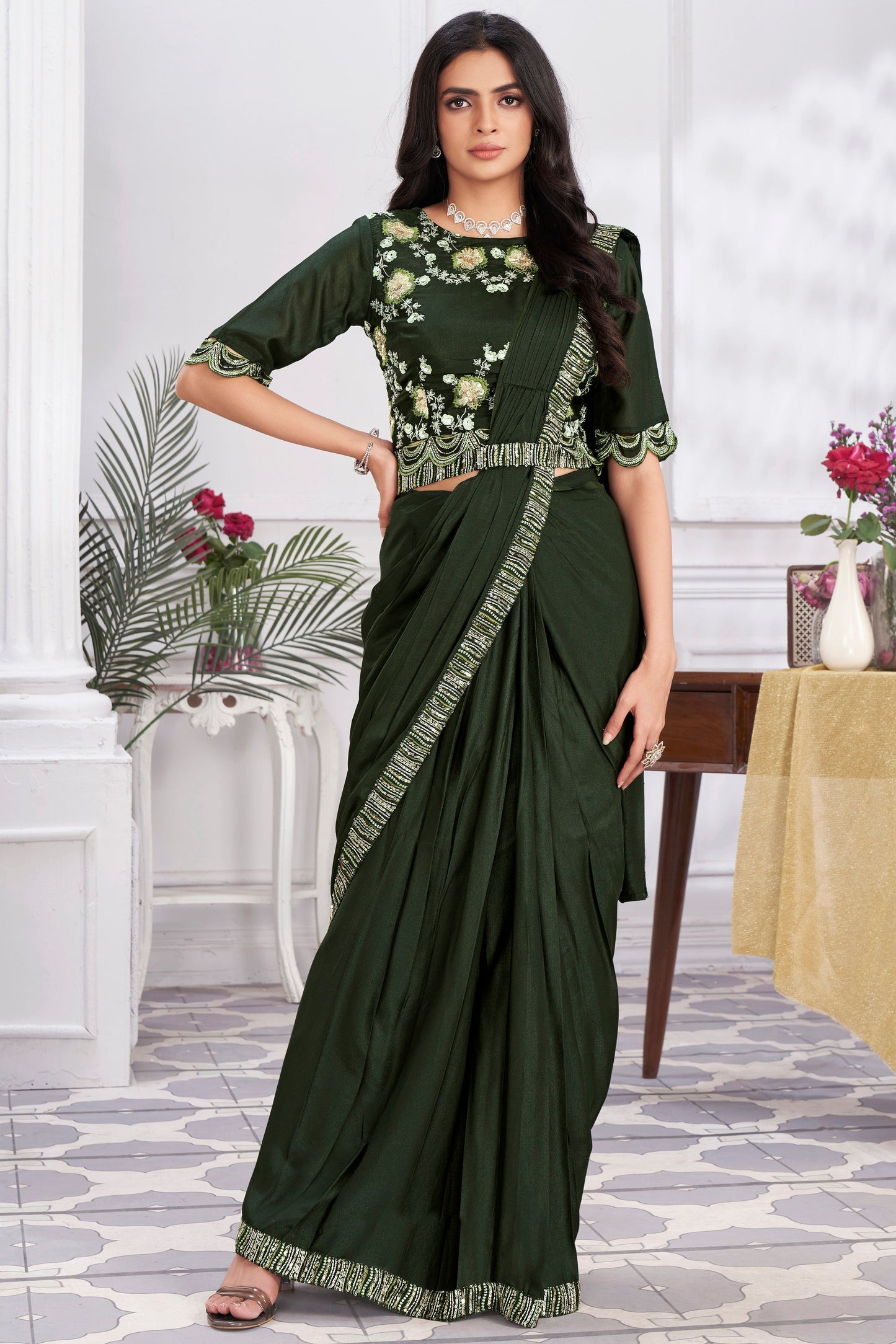 Olive Green Georgette Readymade Saree With Stitched Blouse-ZB133700_1_SareeButa.com