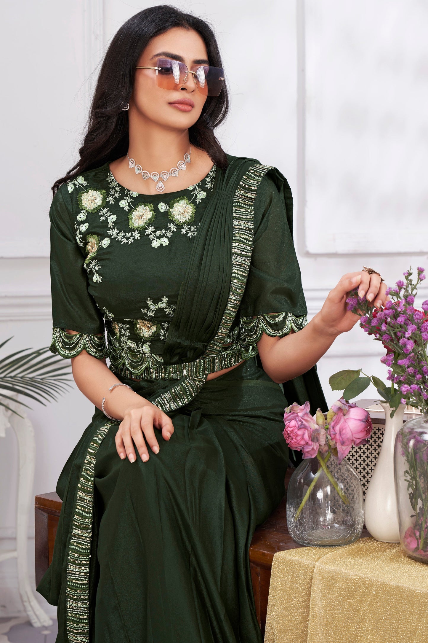 Olive Green Georgette Readymade Saree With Stitched Blouse-ZB133700_2_SareeButa.com