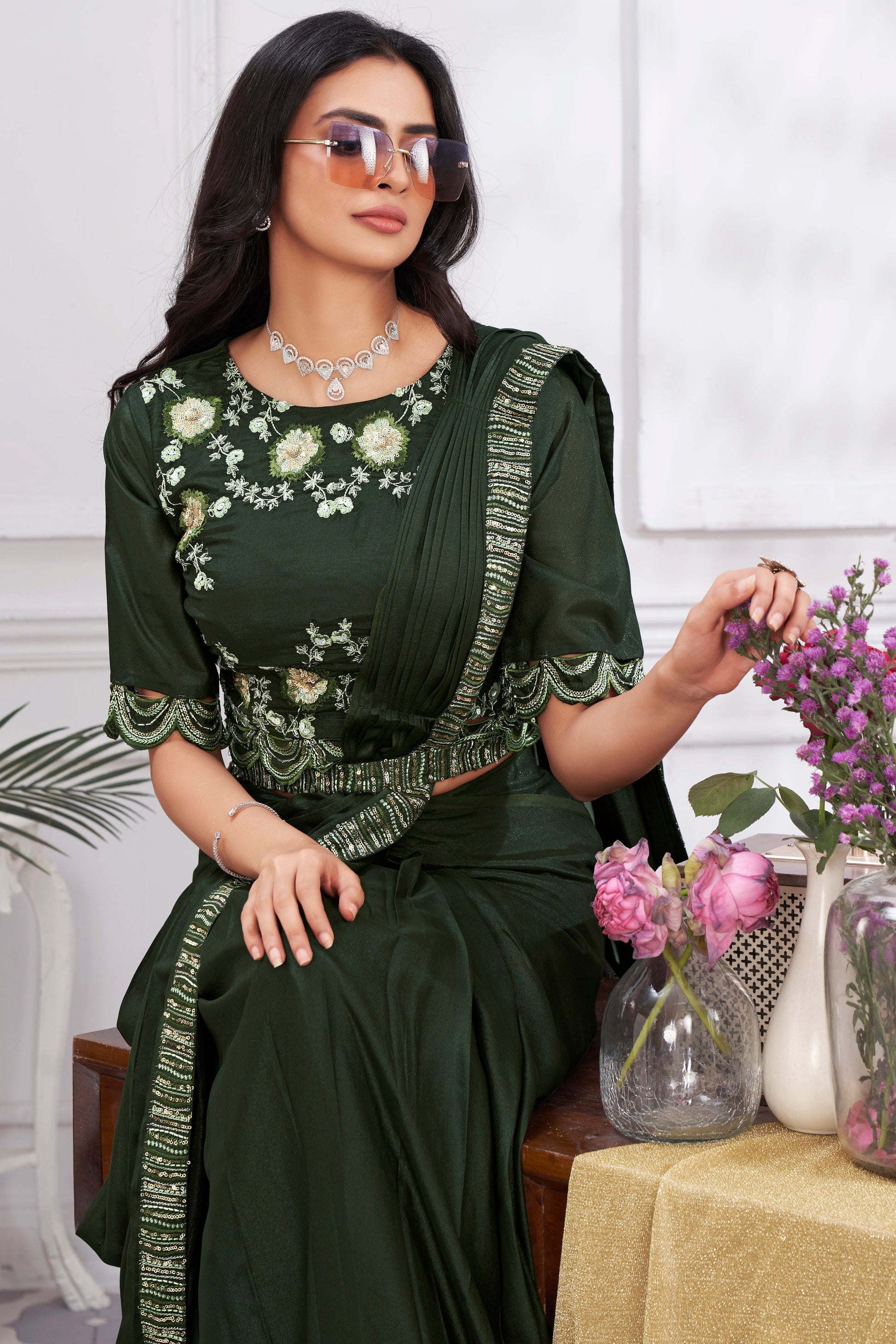 Olive Green Georgette Readymade Saree With Stitched Blouse-ZB133700_2_SareeButa.com