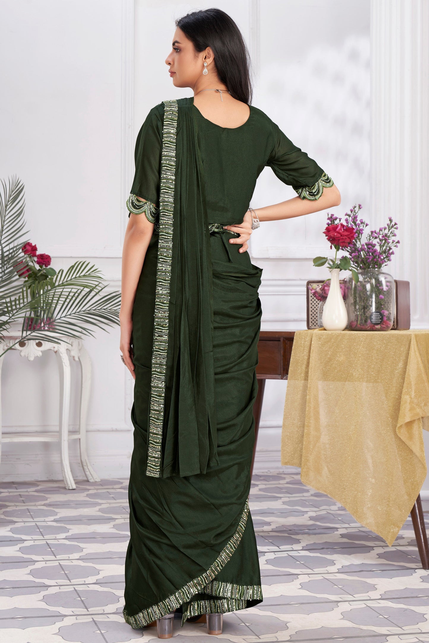Olive Green Georgette Readymade Saree With Stitched Blouse-ZB133700_3_SareeButa.com