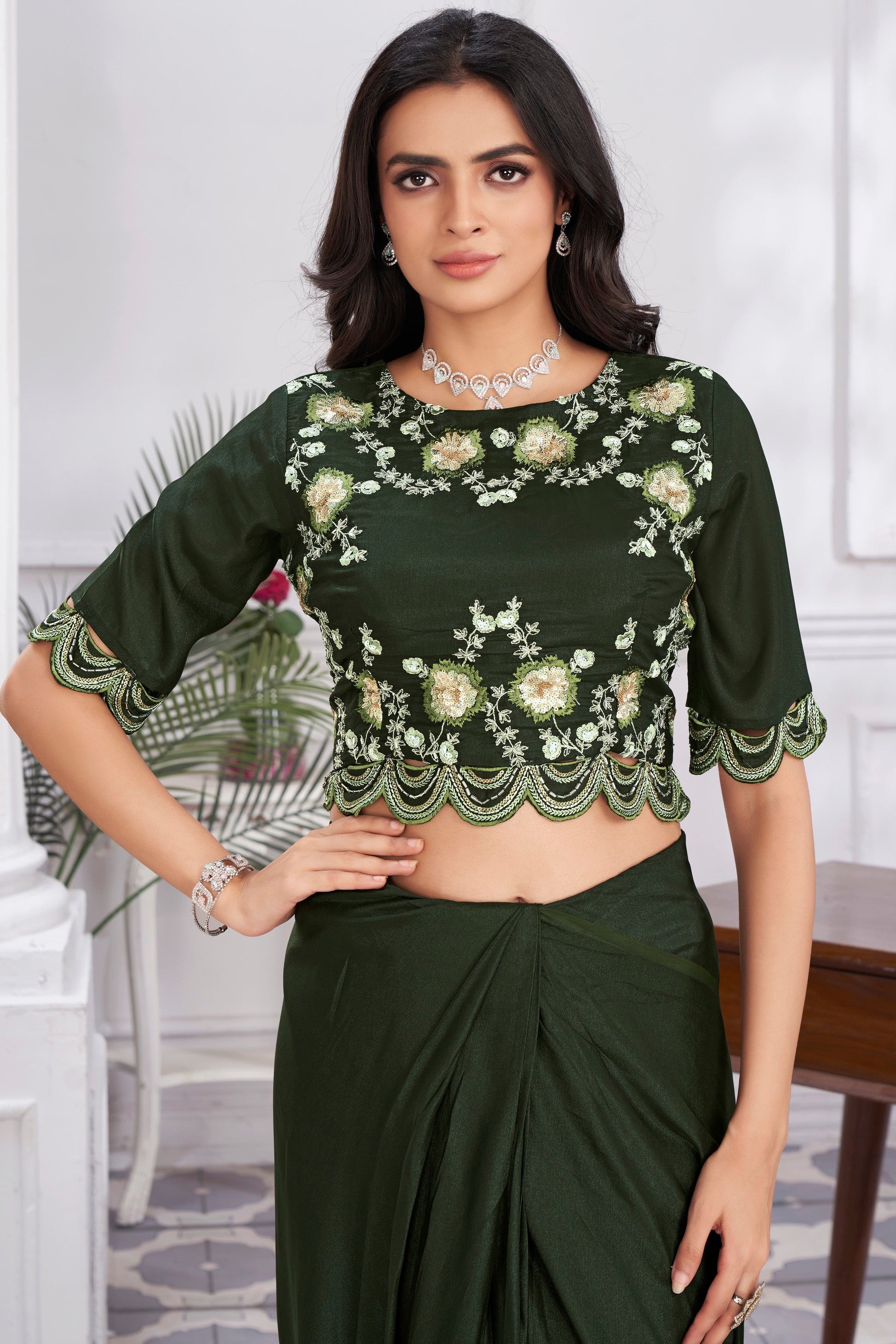 Olive Green Georgette Readymade Saree With Stitched Blouse-ZB133700_4_SareeButa.com