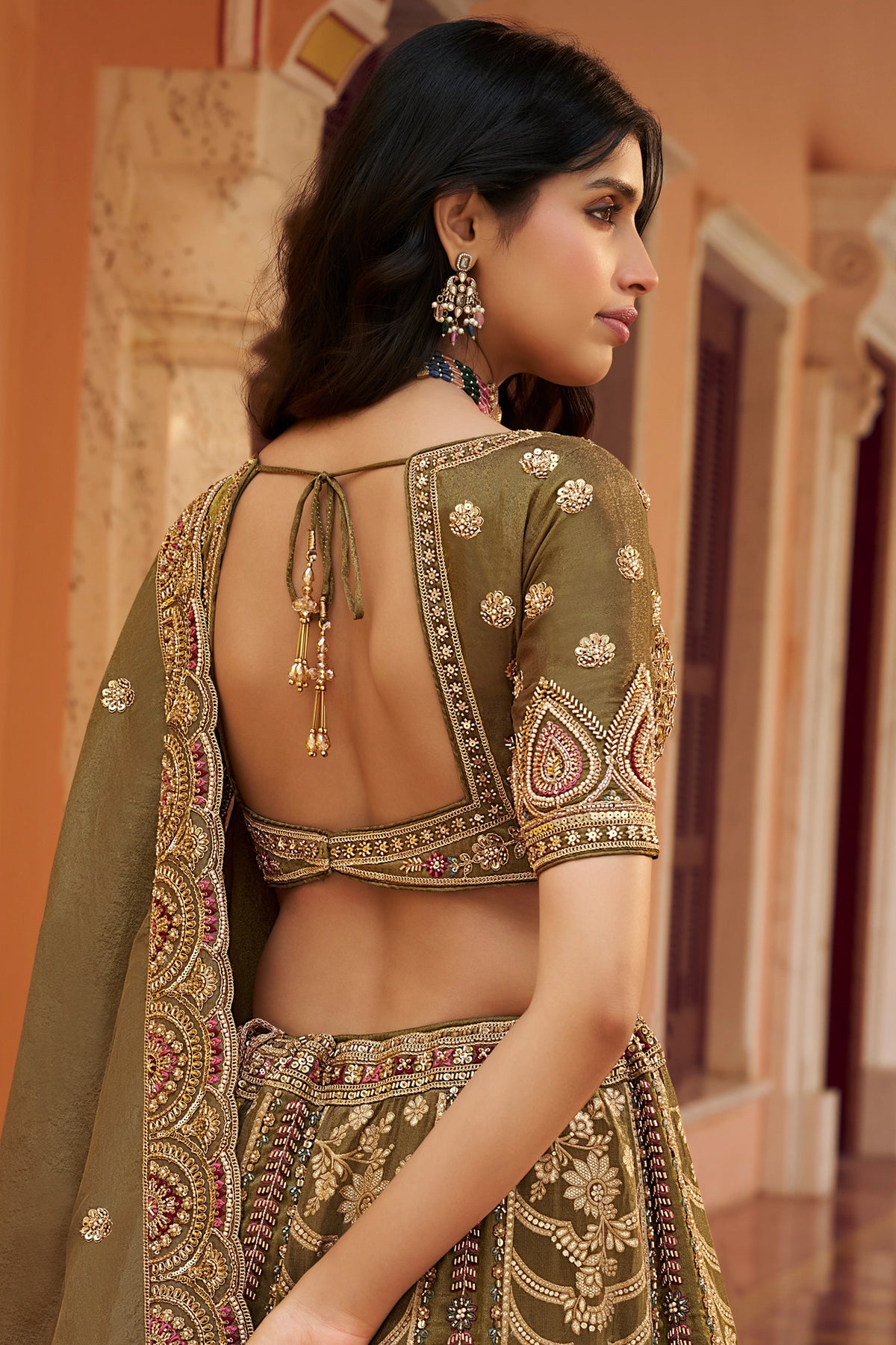 Olive Green Heavy Work Banarasi Silk Lehenga-SAR13274_3_SareeButa.com