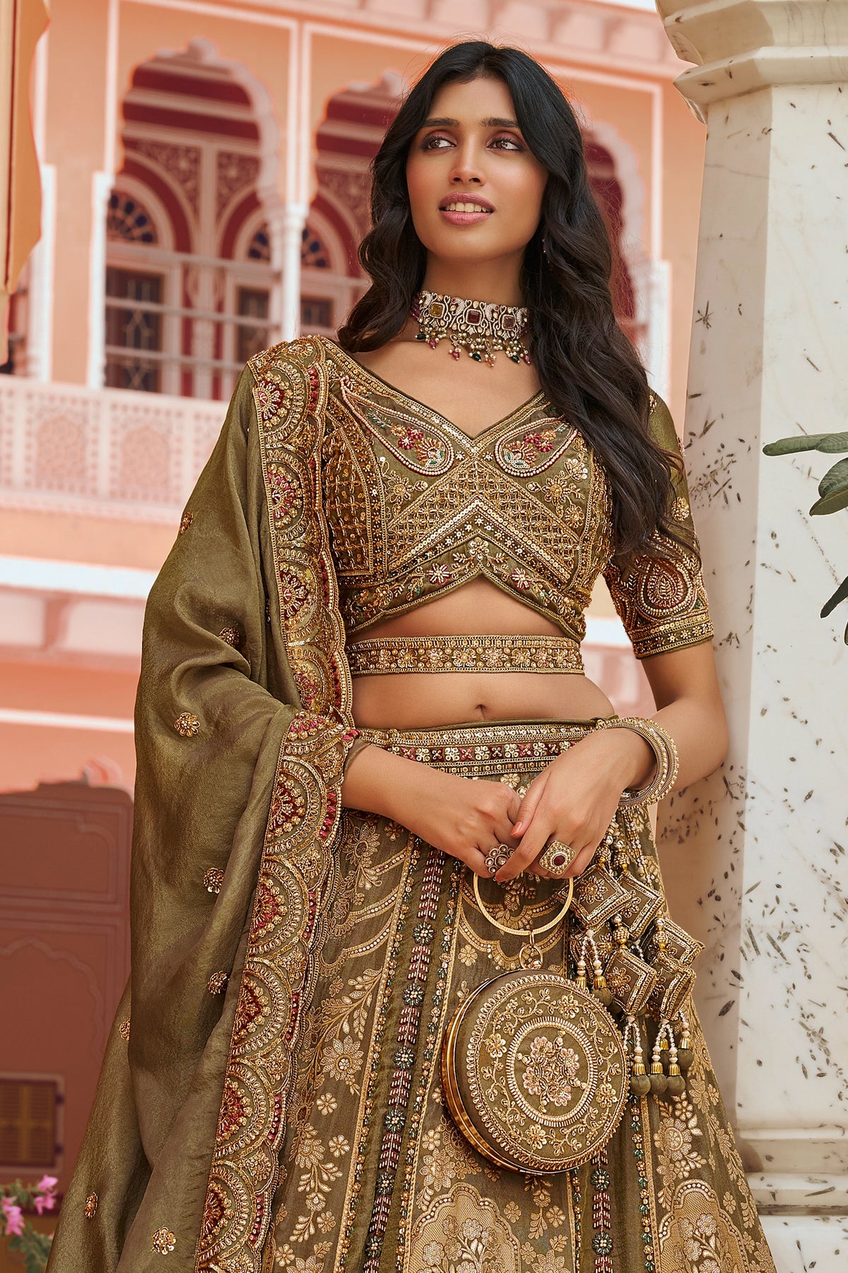 Olive Green Heavy Work Banarasi Silk Lehenga-SAR13274_4_SareeButa.com