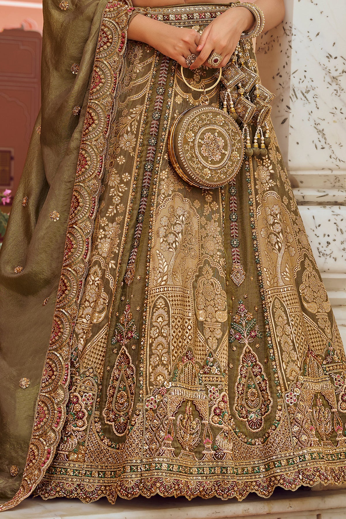 Olive Green Heavy Work Banarasi Silk Lehenga-SAR13274_5_SareeButa.com