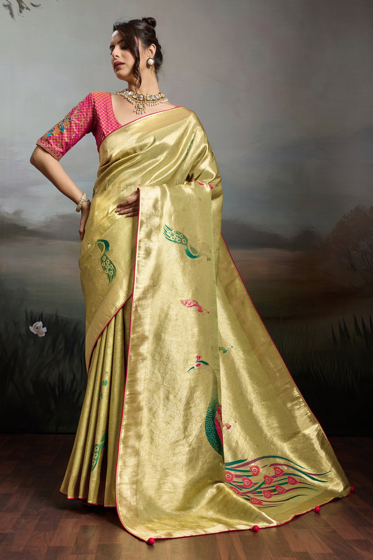 Olive Green Metallic Woven Banarasi Saree-SAR12928_1_SareeButa.com