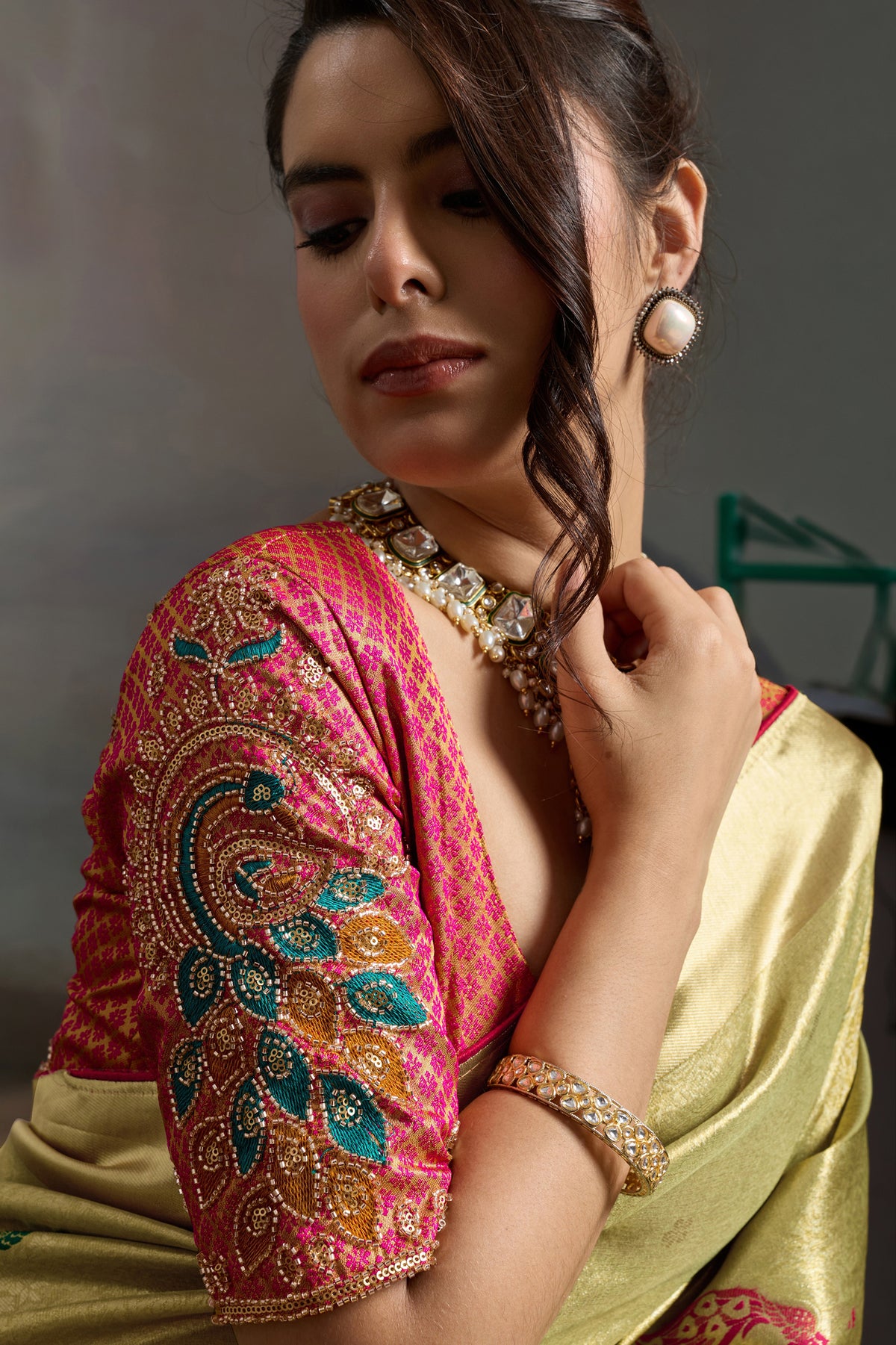 Olive Green Metallic Woven Banarasi Saree-SAR12928_2_SareeButa.com