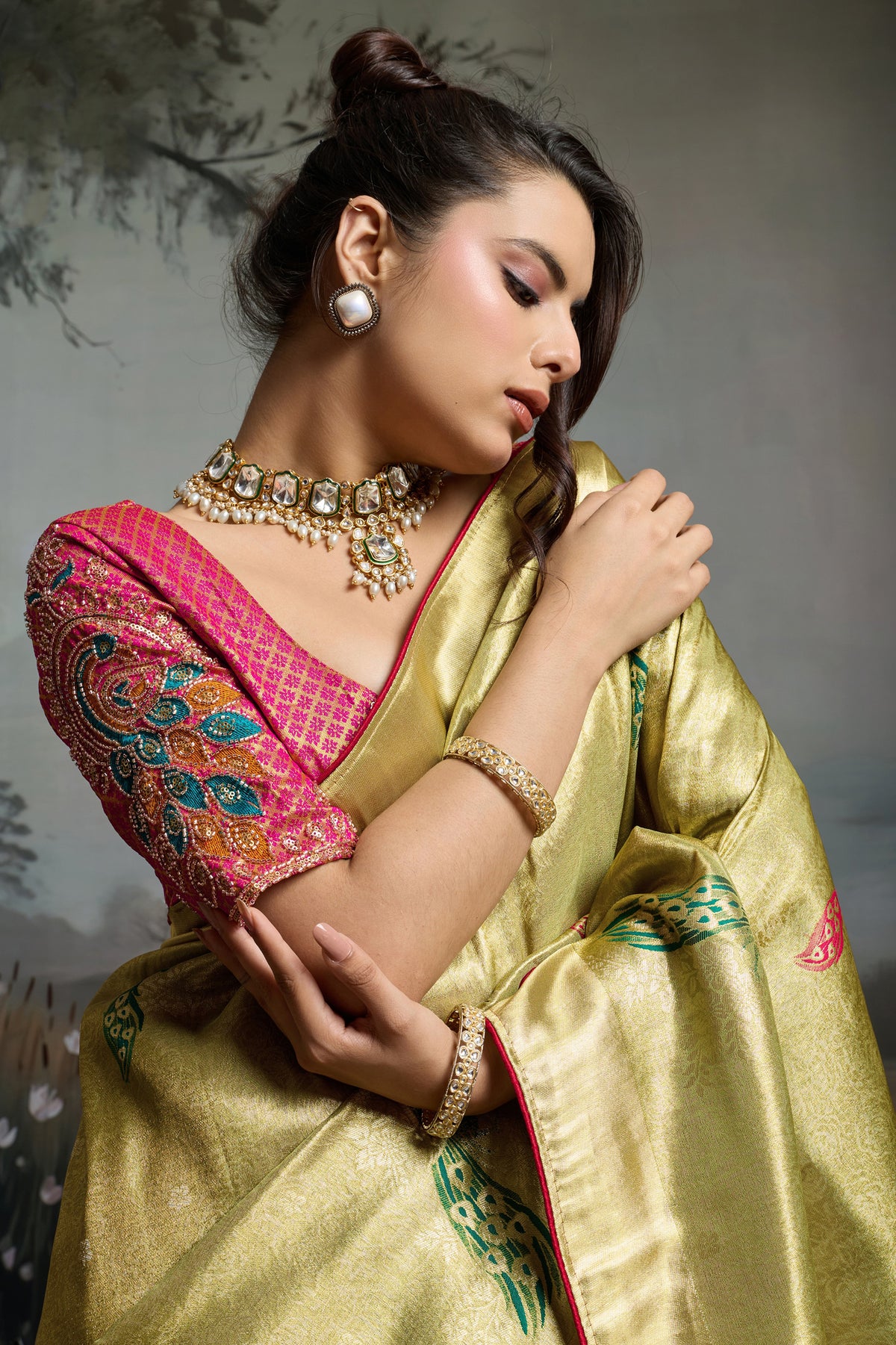 Olive Green Metallic Woven Banarasi Saree-SAR12928_3_SareeButa.com