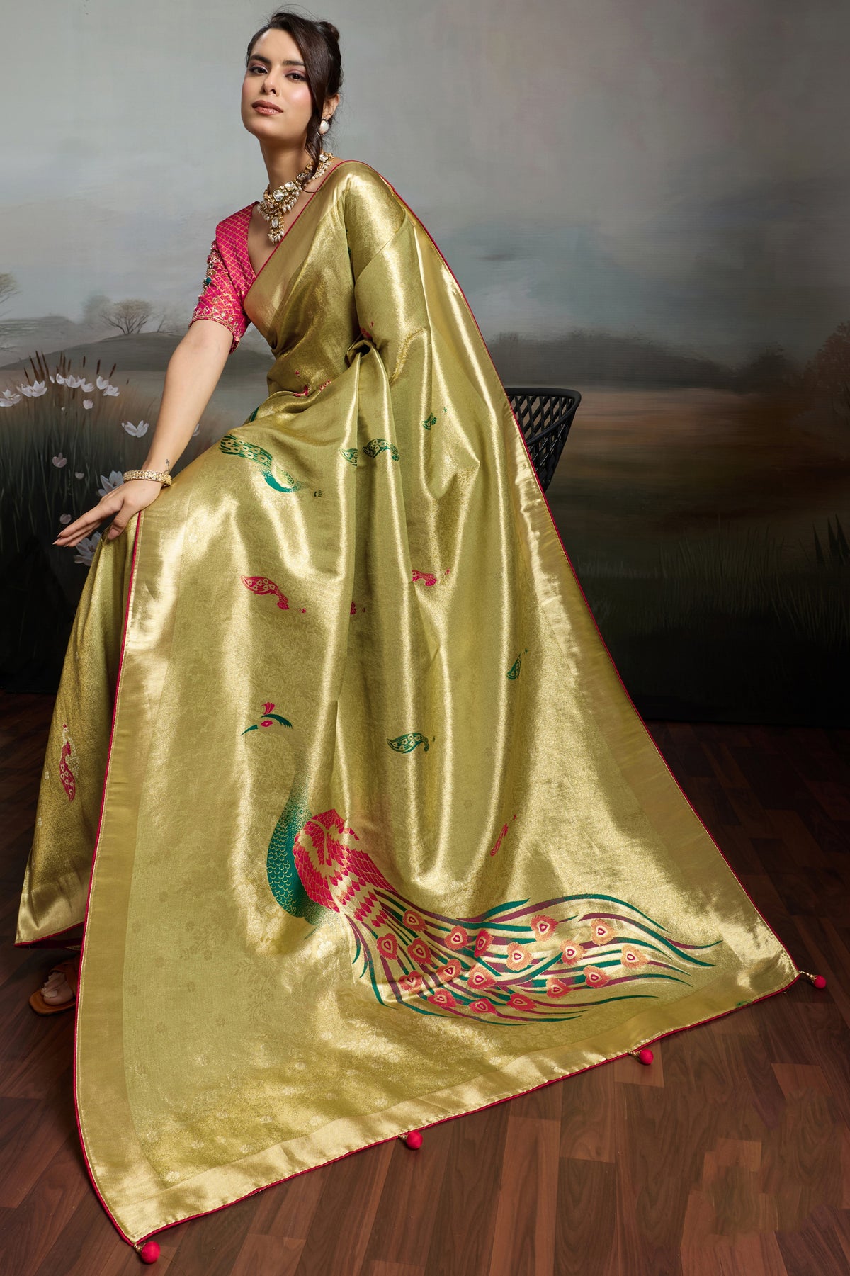 Olive Green Metallic Woven Banarasi Saree-SAR12928_4_SareeButa.com
