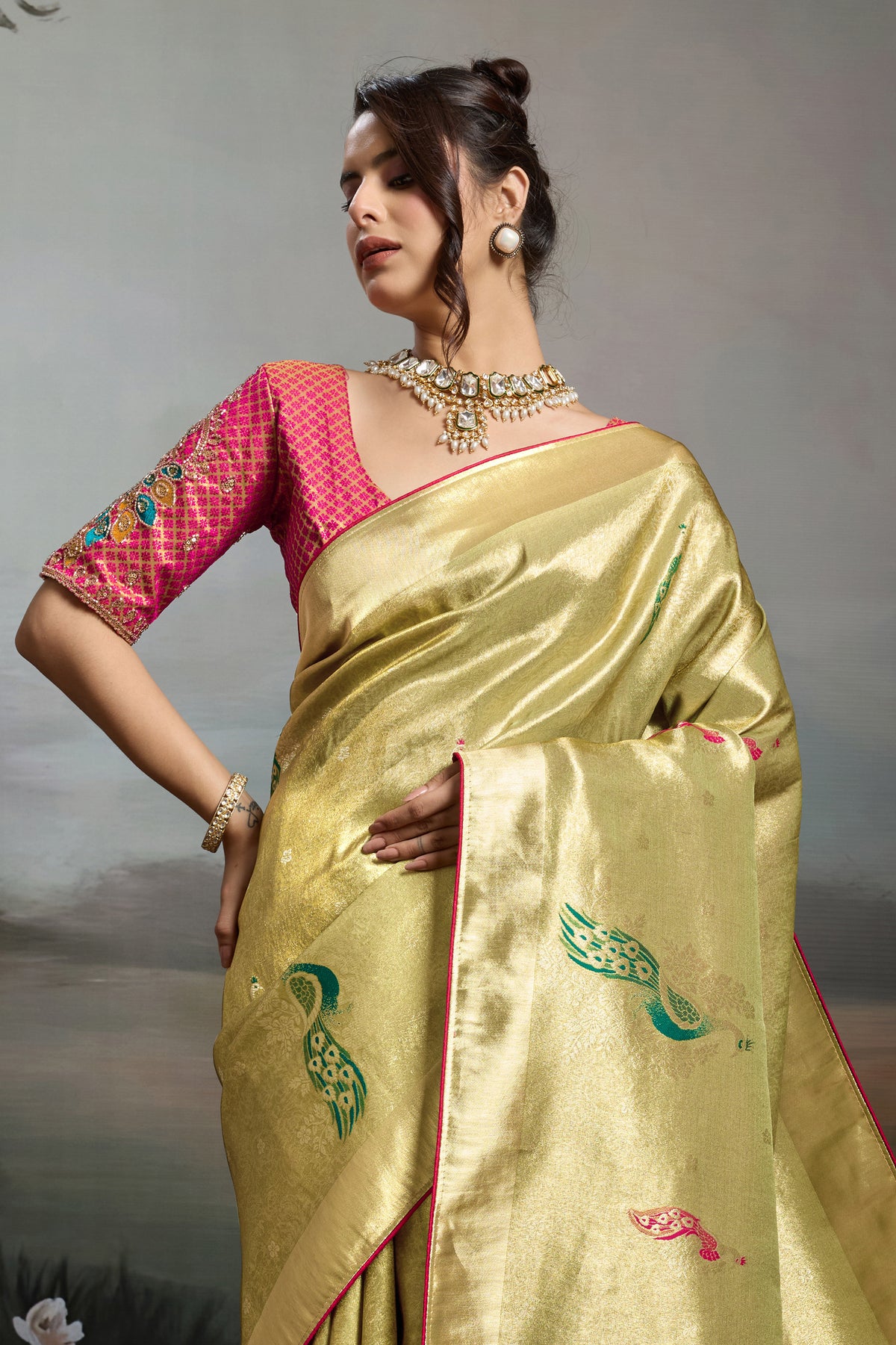 Olive Green Metallic Woven Banarasi Saree-SAR12928_6_SareeButa.com