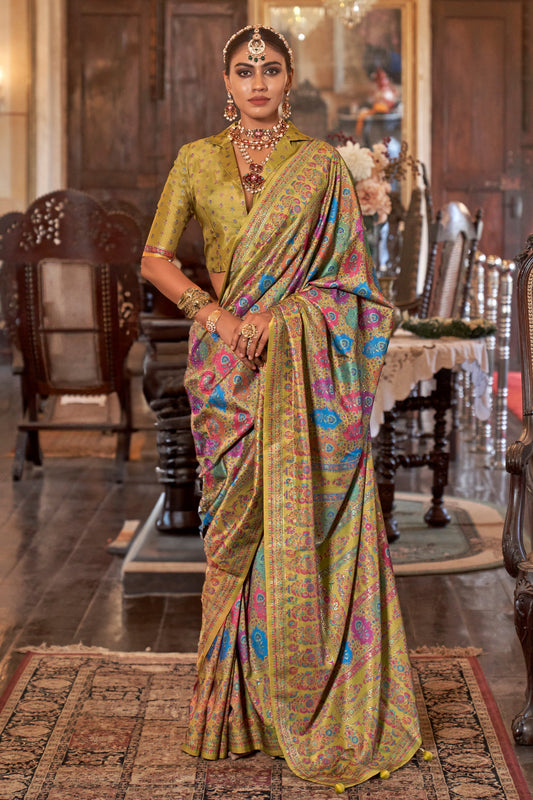 Olive Green Printed Viscose Silk Saree-SAR10102_1_SareeButa.com