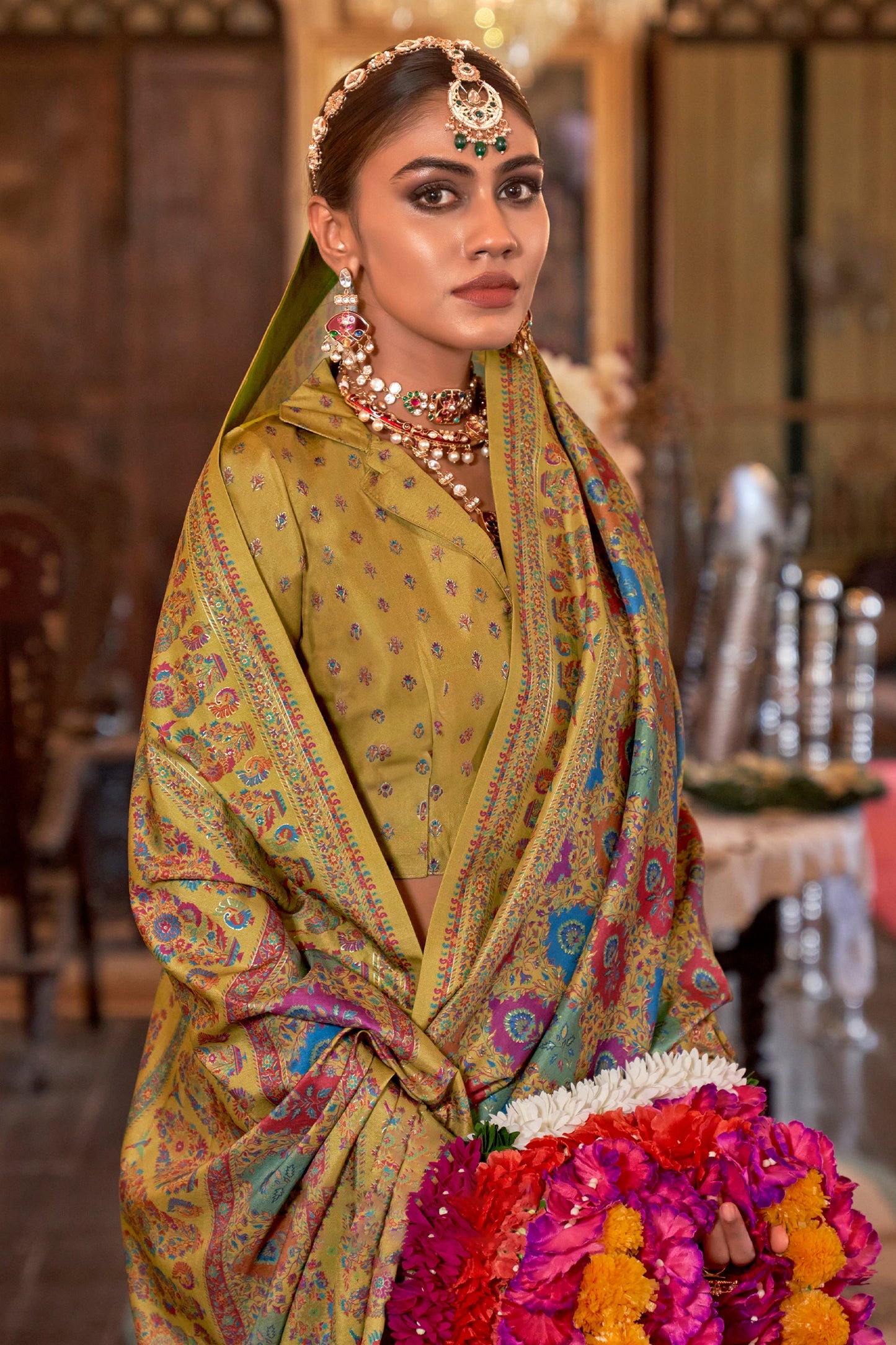 Olive Green Printed Viscose Silk Saree-SAR10102_2_SareeButa.com