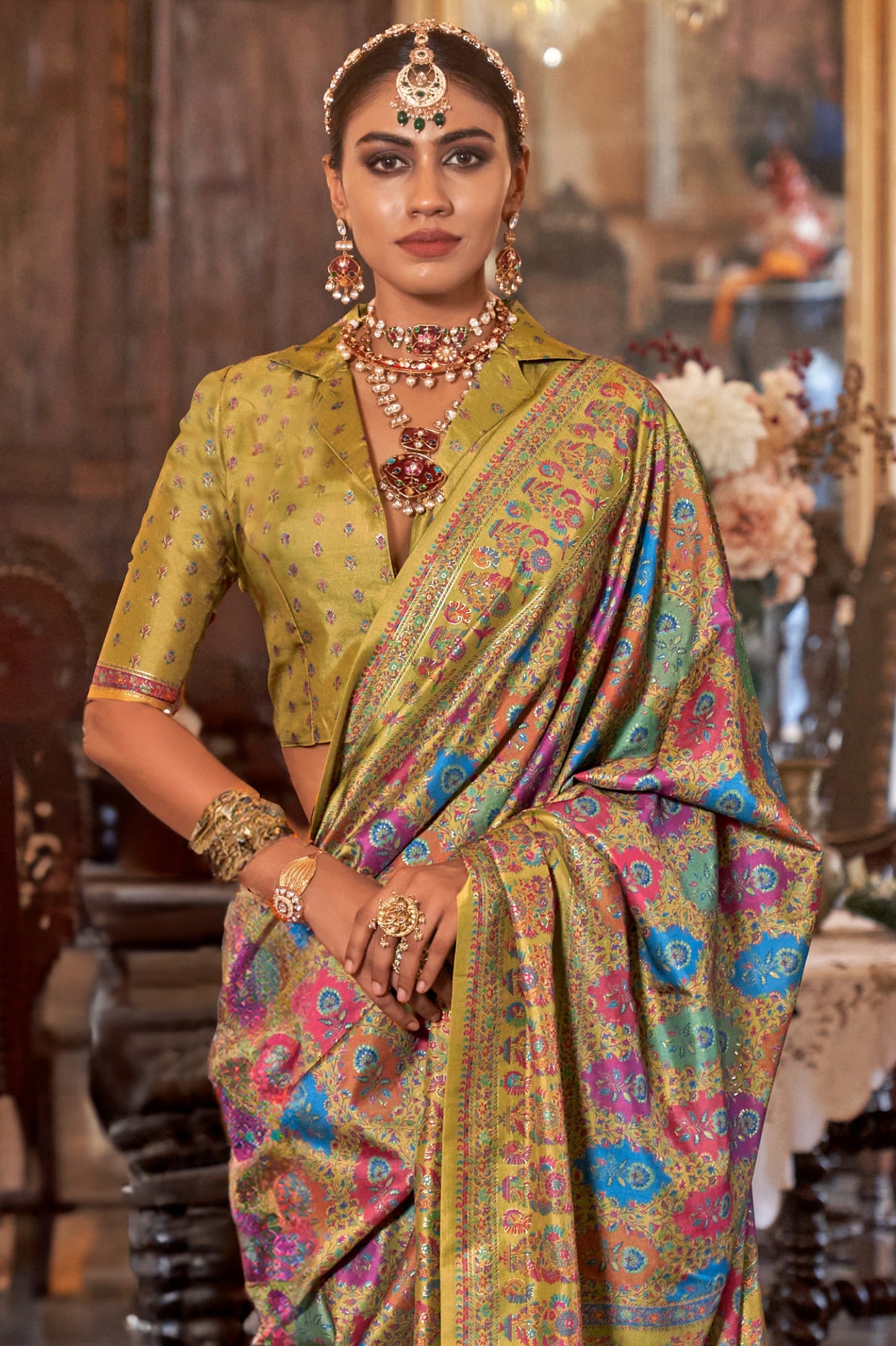 Olive Green Printed Viscose Silk Saree-SAR10102_3_SareeButa.com