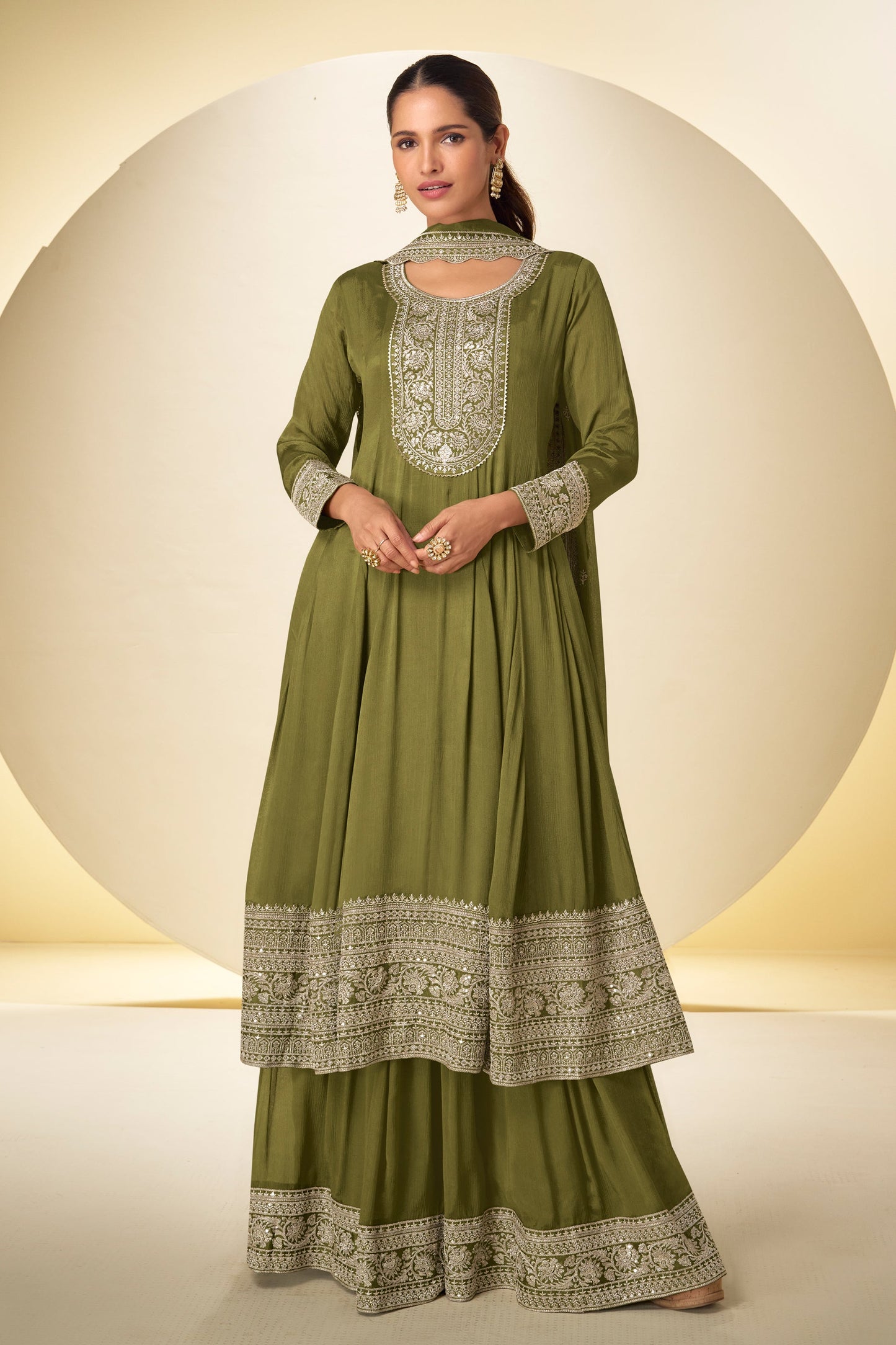 Olive Green Readymade Chinon Anarkali Suit-SAR10919_1_SareeButa.com