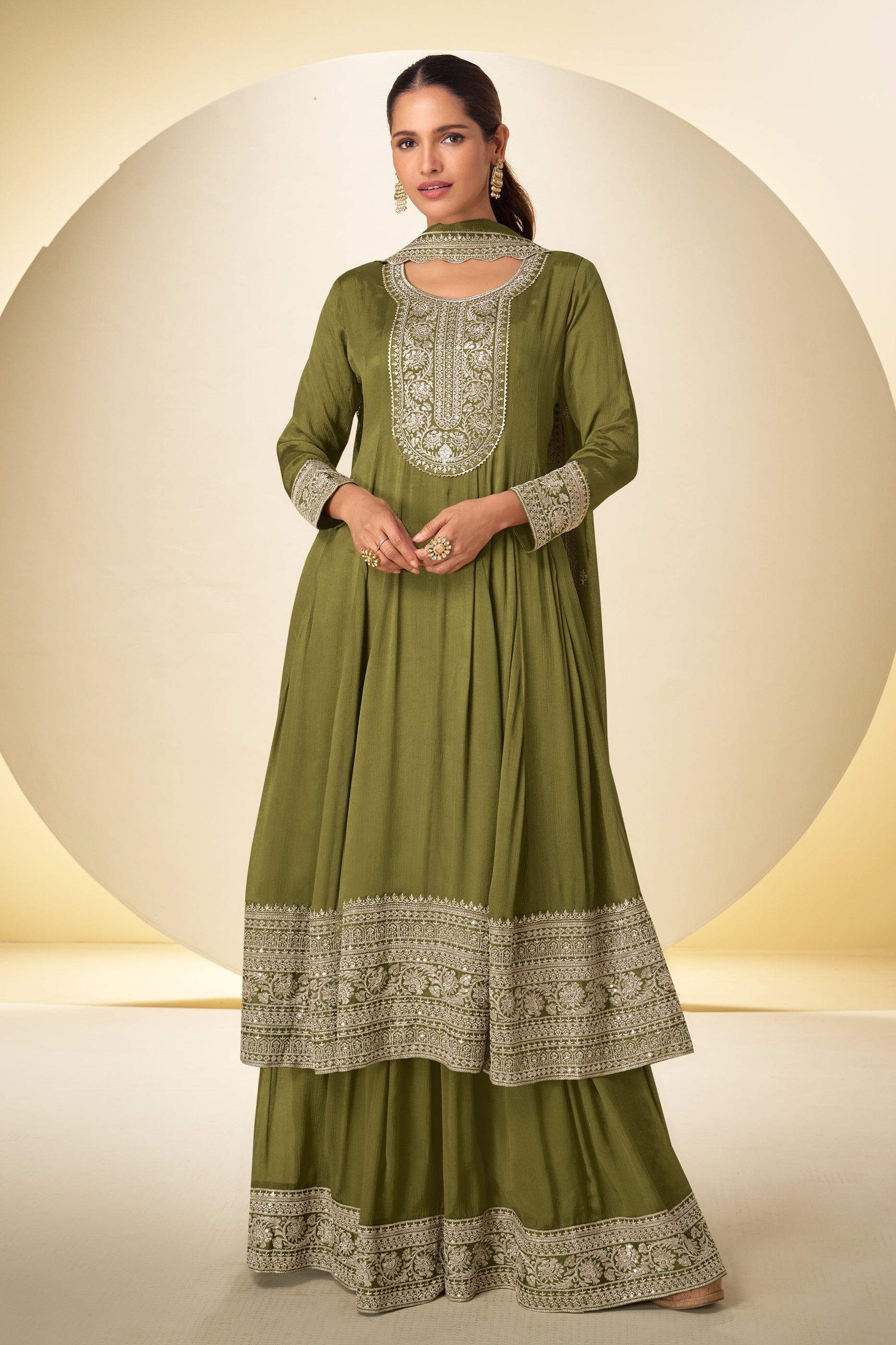 Olive Green Readymade Chinon Anarkali Suit-SAR10919_1_SareeButa.com