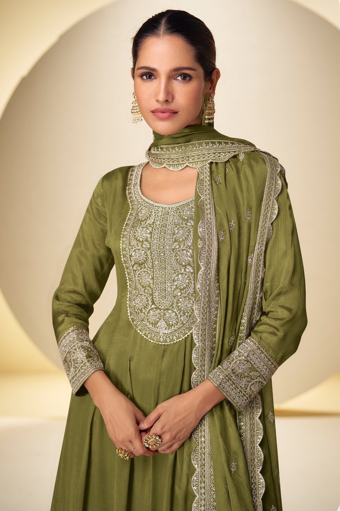 Olive Green Readymade Chinon Anarkali Suit-SAR10919_2_SareeButa.com
