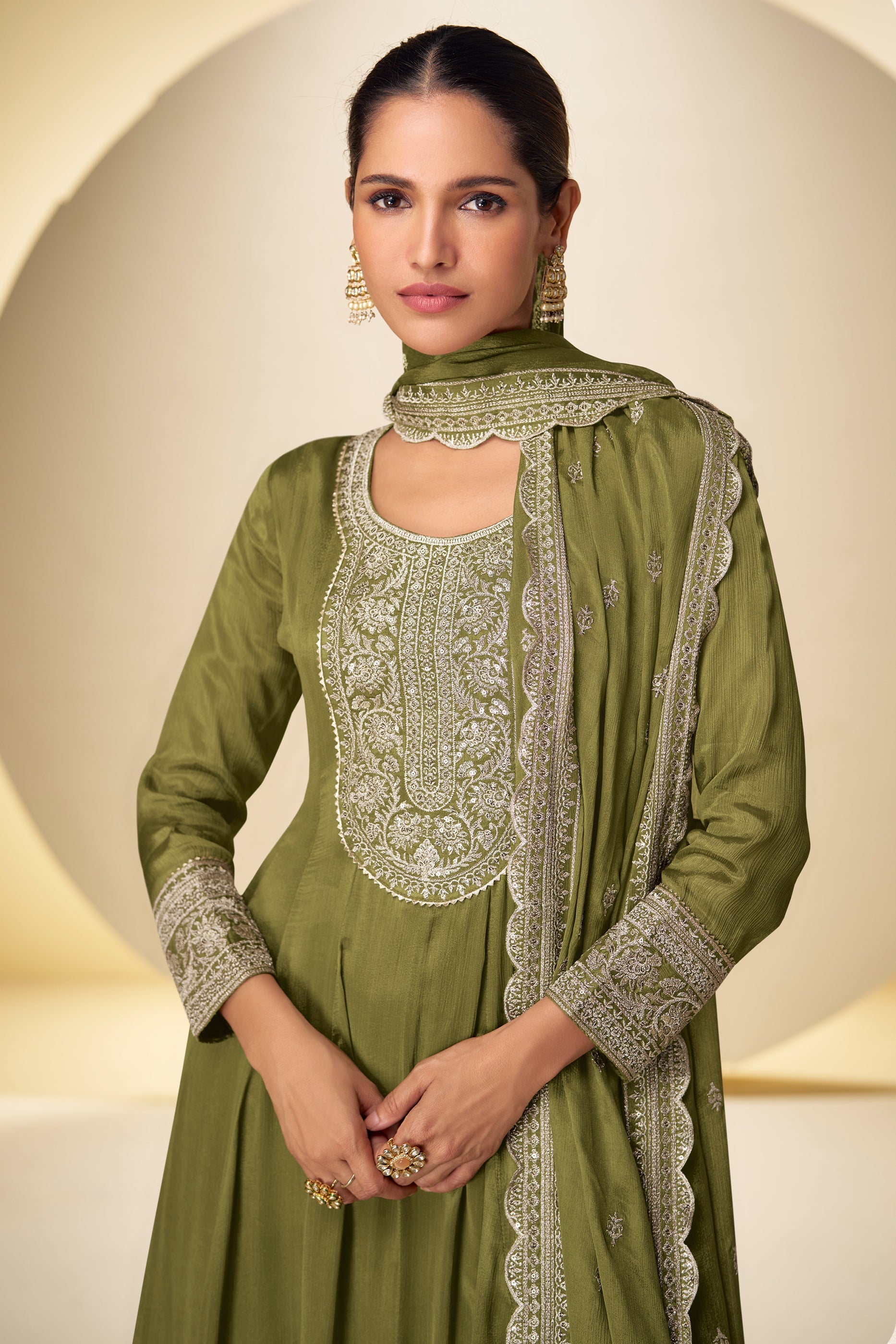 Olive Green Readymade Chinon Anarkali Suit-SAR10919_2_SareeButa.com