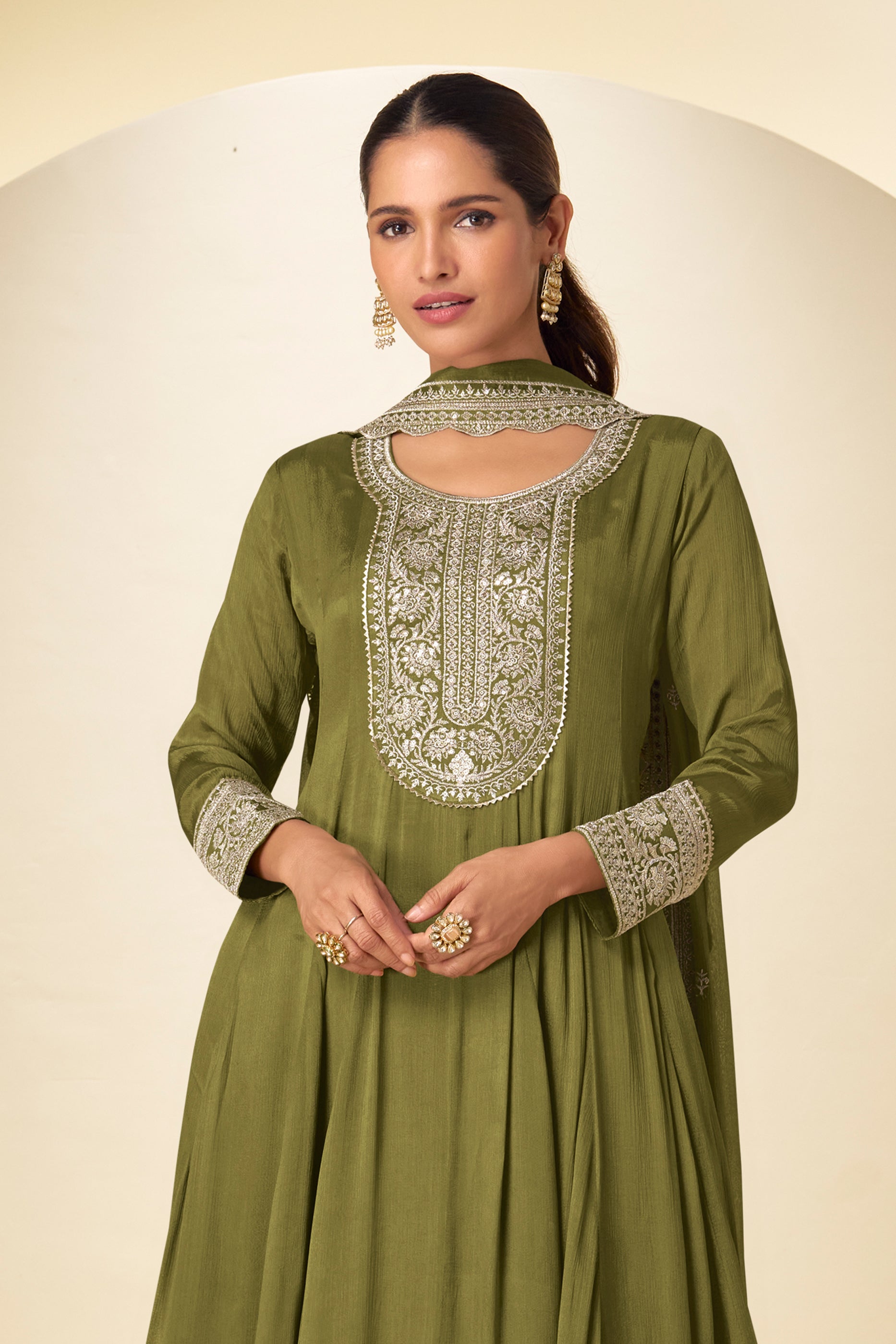 Olive Green Readymade Chinon Anarkali Suit-SAR10919_3_SareeButa.com