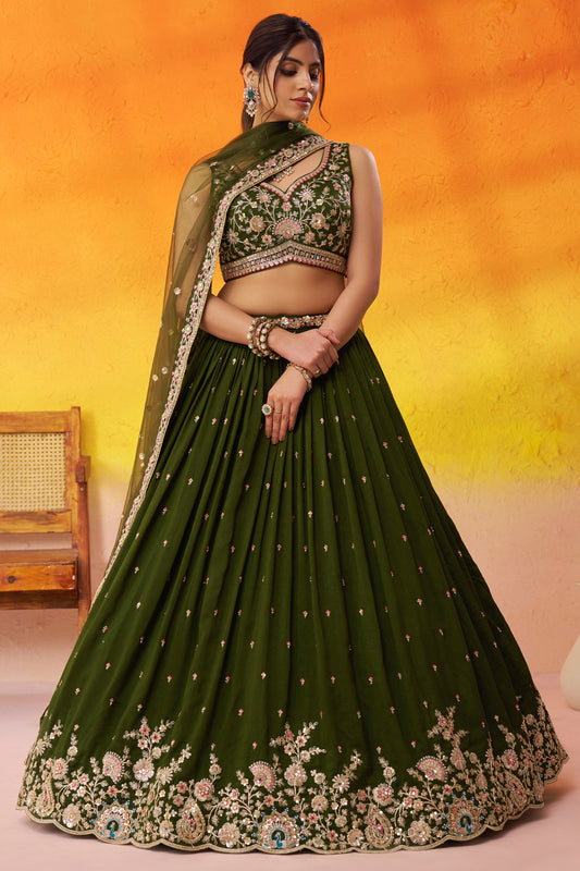 Olive Green Readymade Embroidered Georgette Lehenga-SAR12888_1_SareeButa.com