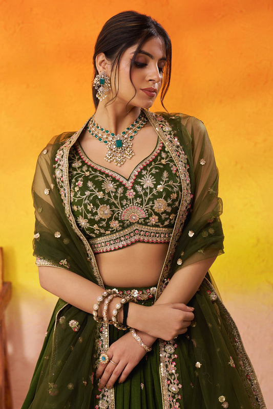 Olive Green Readymade Embroidered Georgette Lehenga-SAR12888_2_SareeButa.com