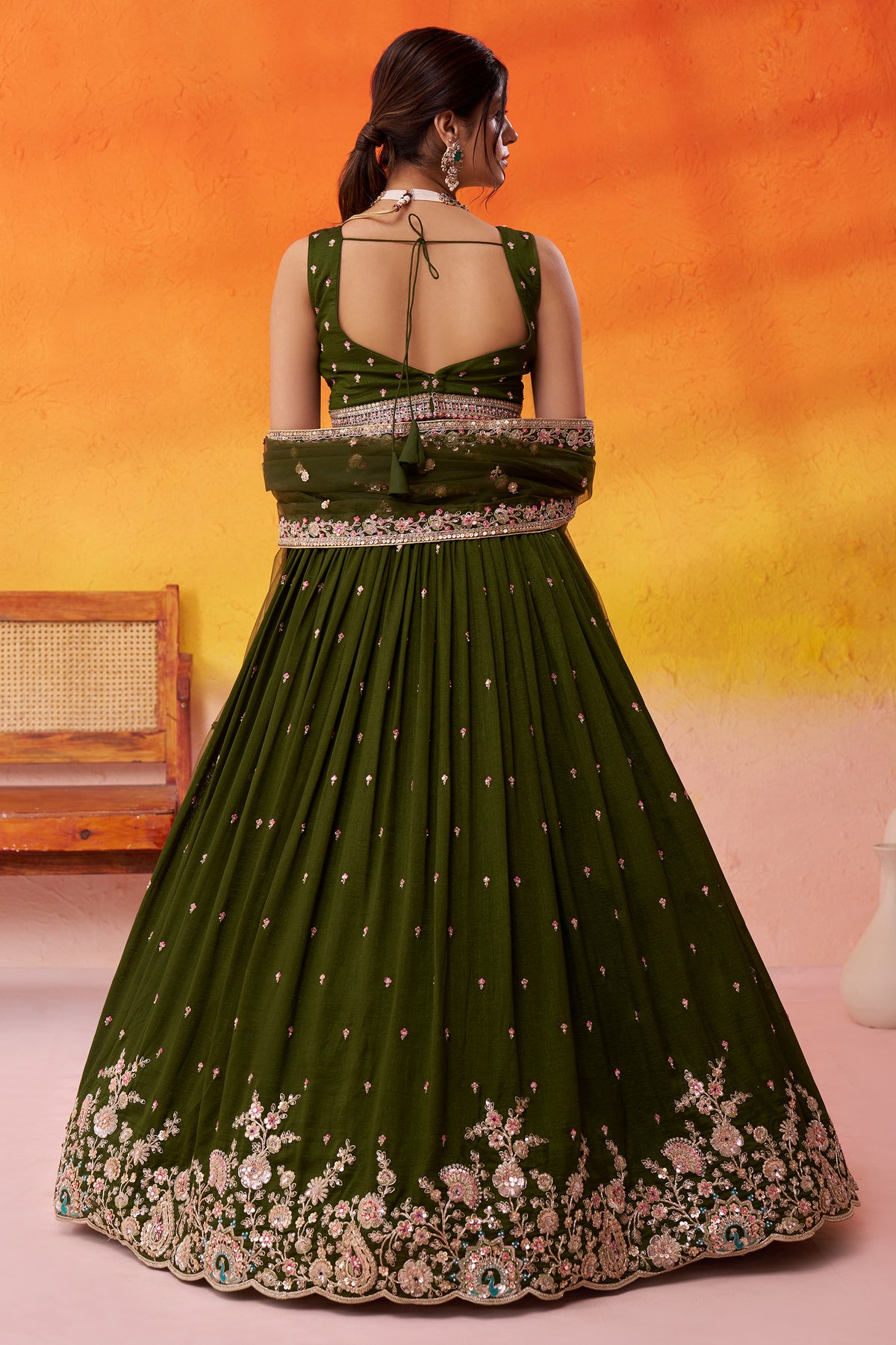 Olive Green Readymade Embroidered Georgette Lehenga-SAR12888_3_SareeButa.com