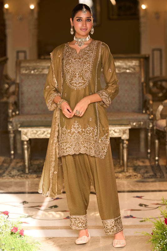 Olive Green Readymade Embroidered Silk Suit-SAR13226_1_SareeButa.com