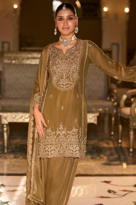 Olive Green Readymade Embroidered Silk Suit-SAR13226_2_SareeButa.com