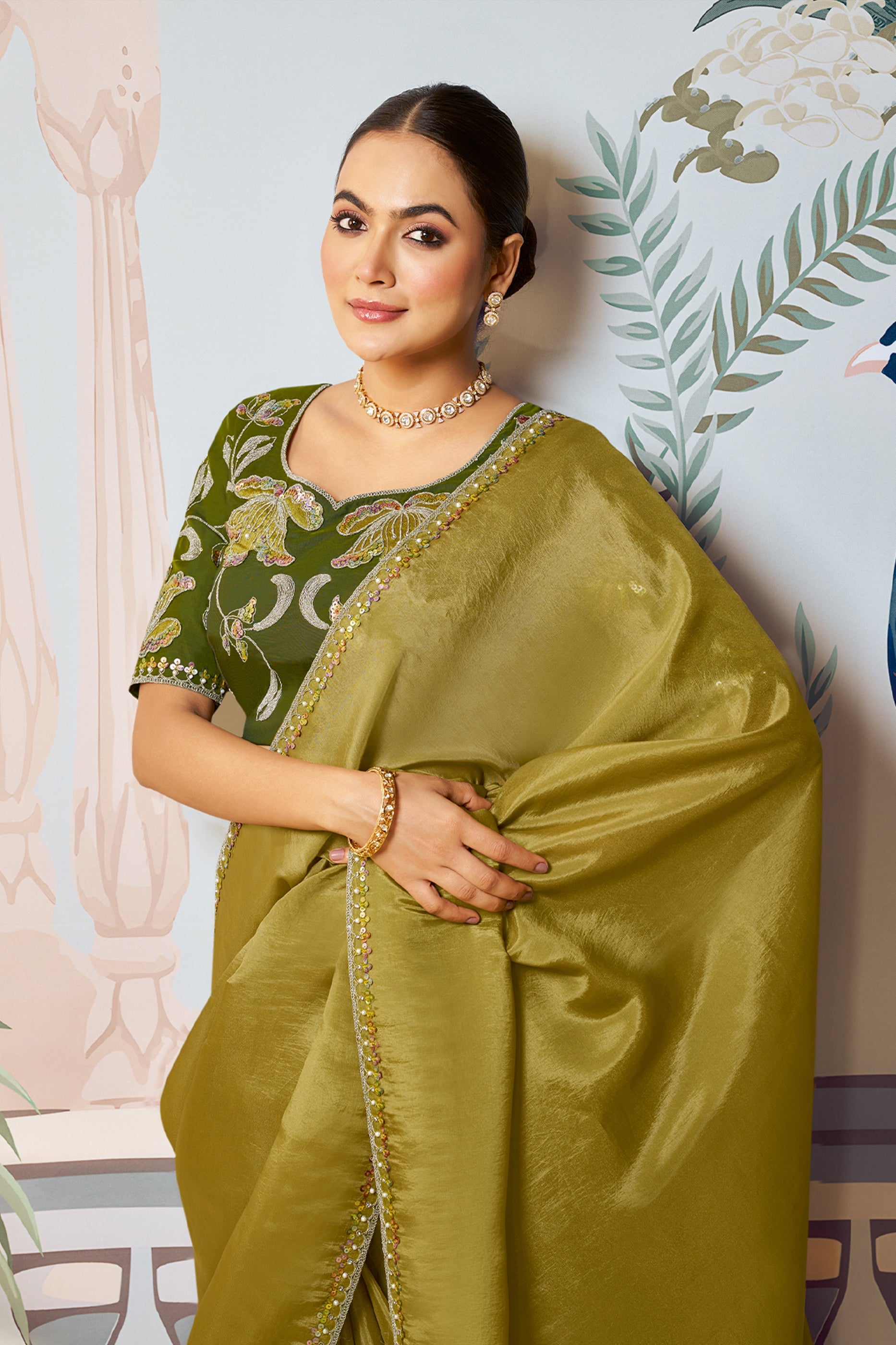 Olive Green Satin Silk Saree-SAR10473_2_SareeButa.com
